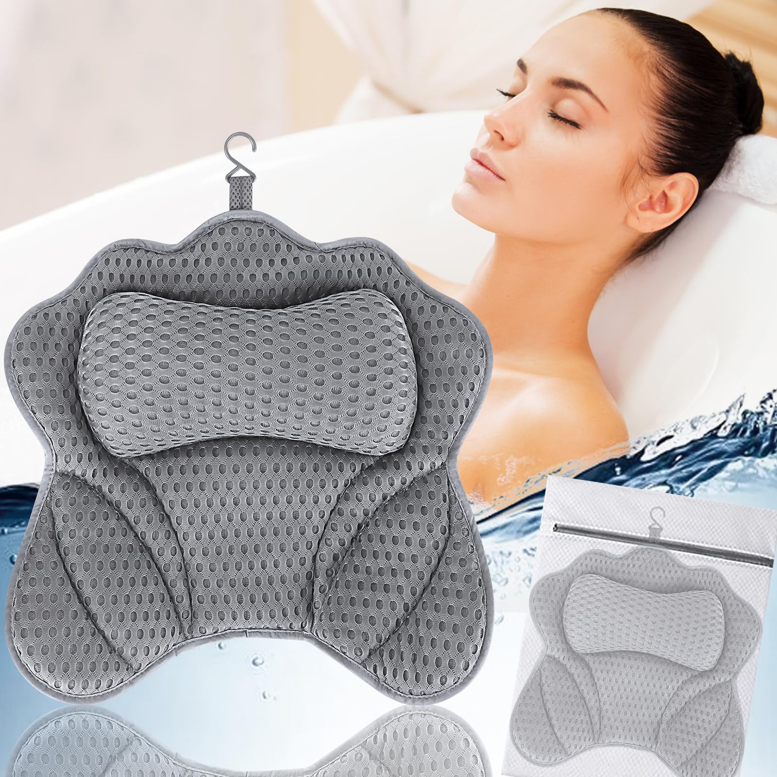 Almohada para bañera, cojín de baño para cuello y cuello, con tecnología de malla de aire 4D y ventosas, ideal para spa en casa, soporta cabeza, hombros y espalda en la bañera (gris)