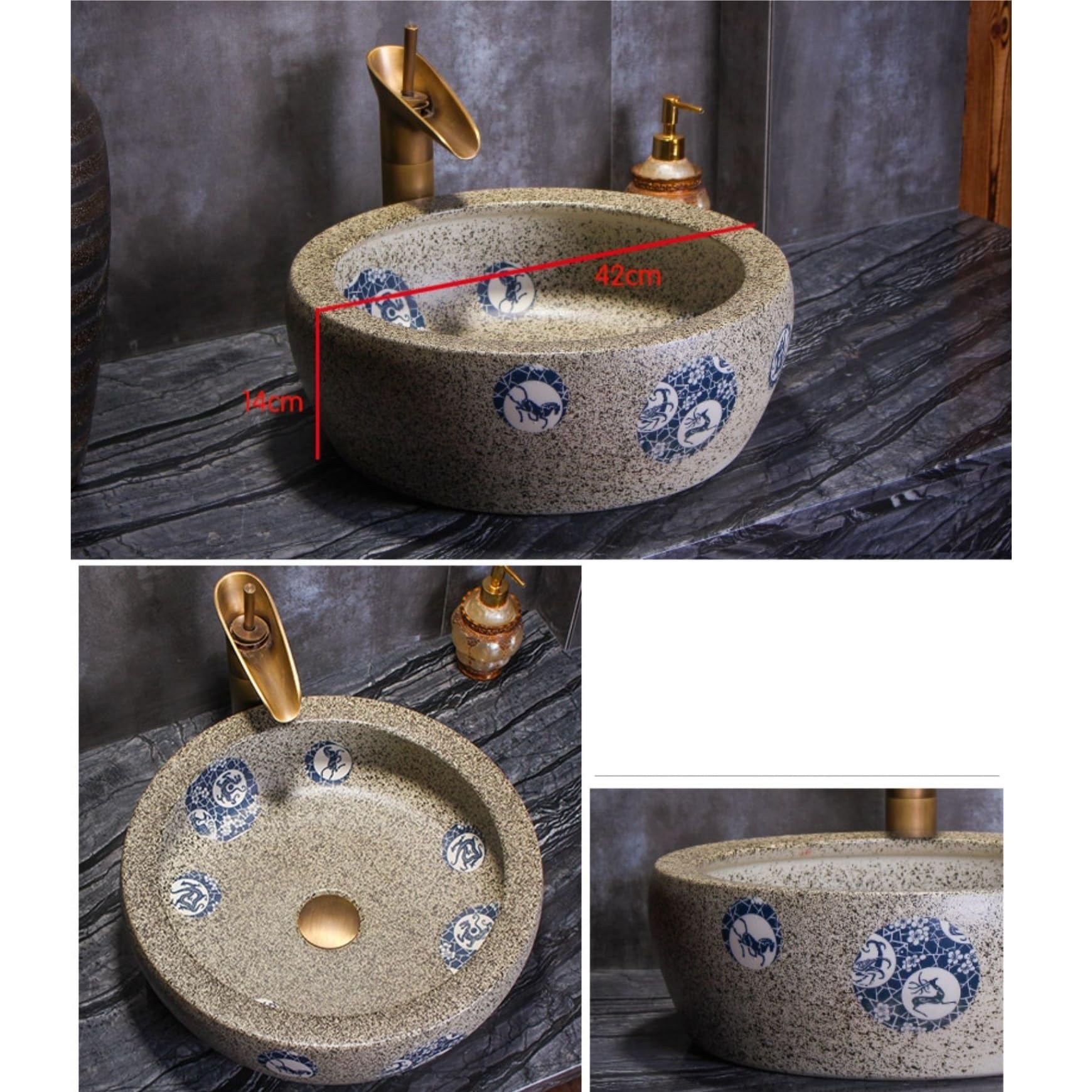 Lavello Bagno Lavandino rotondo da appoggio for bagno, balcone, esterno, in ceramica, stile retrò (accessori inclusi)