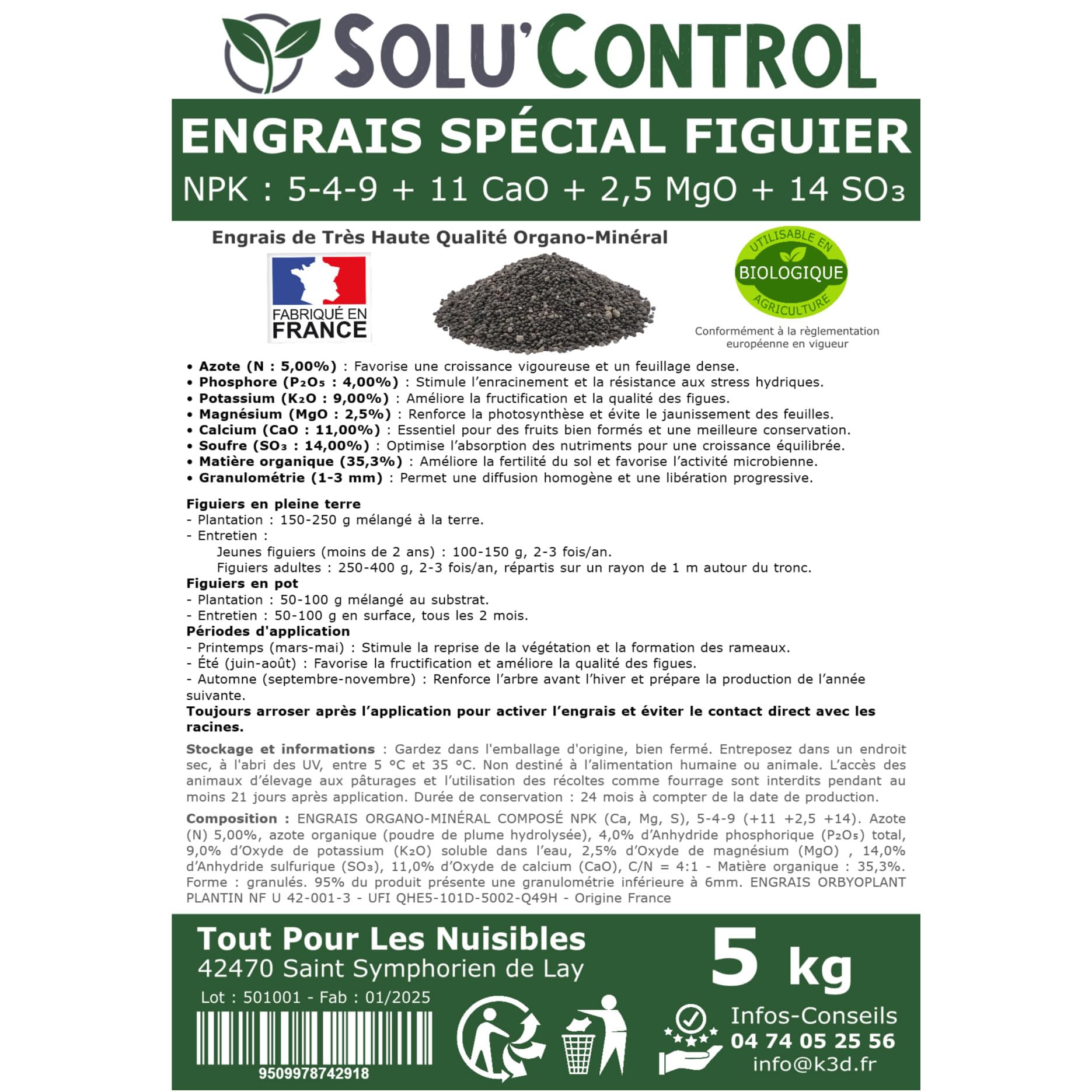 Engrais Spécial Figuier 5 kg - SoluControl - NPK 5-4-9 - Croissance et Fructification - Riche en Calcium et Magnésium - Sachet Zip Refermable - Utilisable en Agriculture Biologique