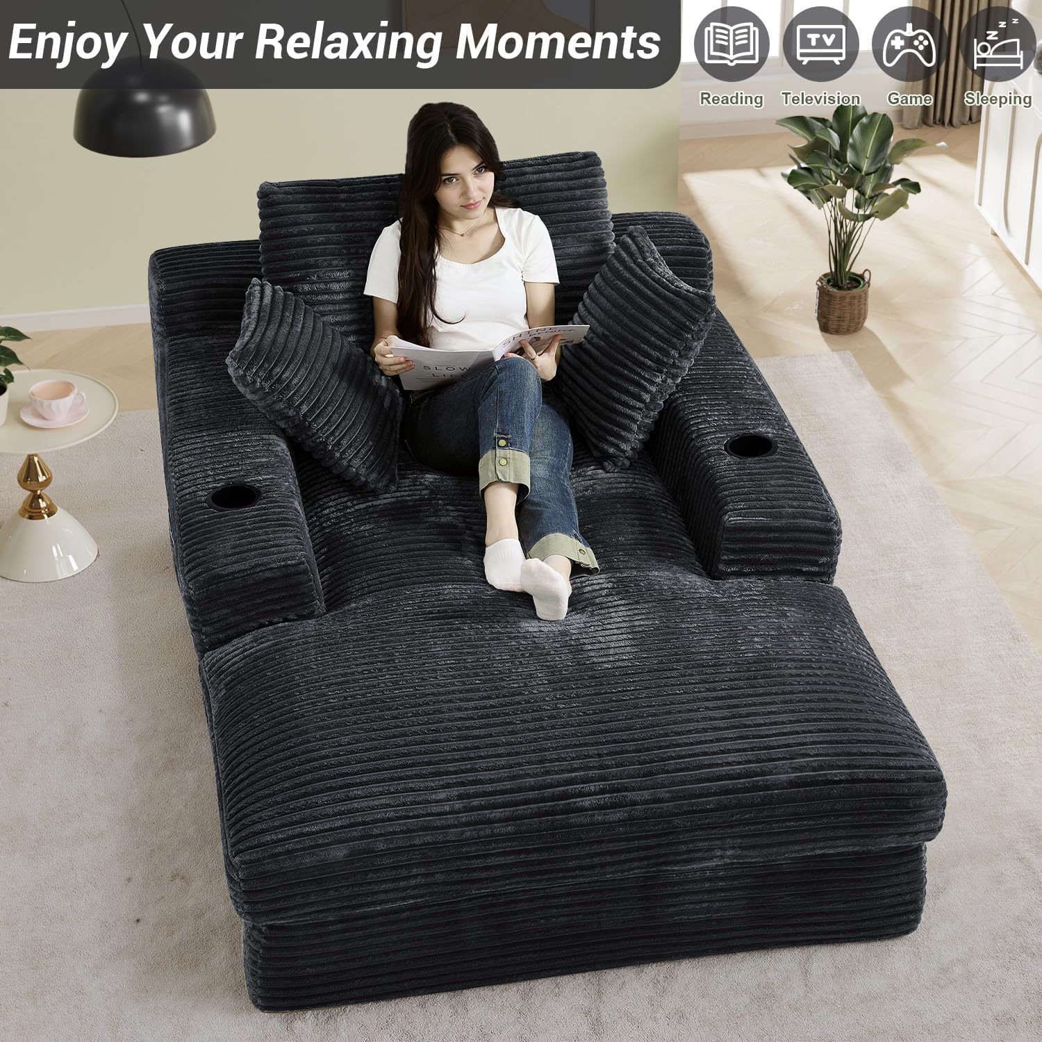 49"W x 76"D Super Oversized Chaise Lounge Chair Indoor Boneless Reading Chair Corduroy Recliner Deep Seat Sleeper Fluffy Comfy Sofa Bed Couch with Cup Holders for Living Room Bedroom, Dark Gray