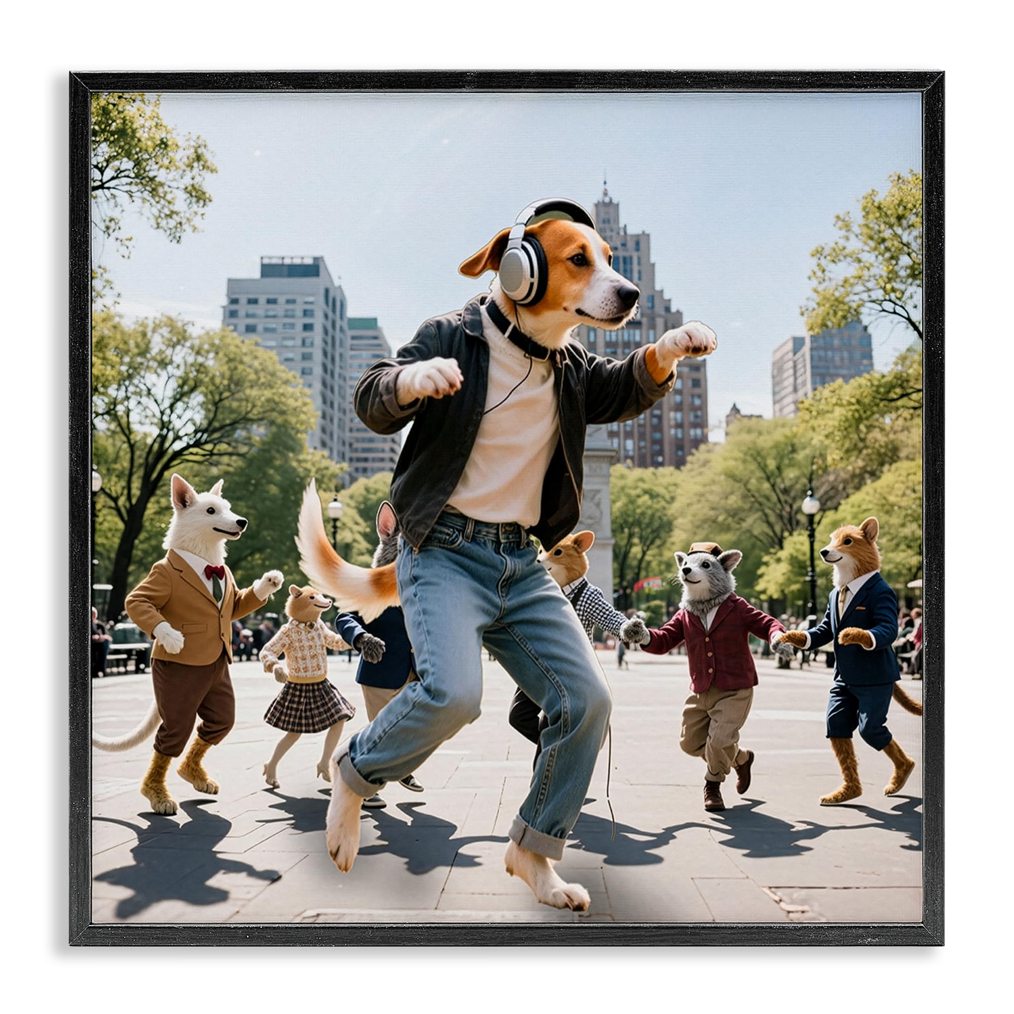 'Stylish Dog Dancing in Park'| Framed Giclee Art