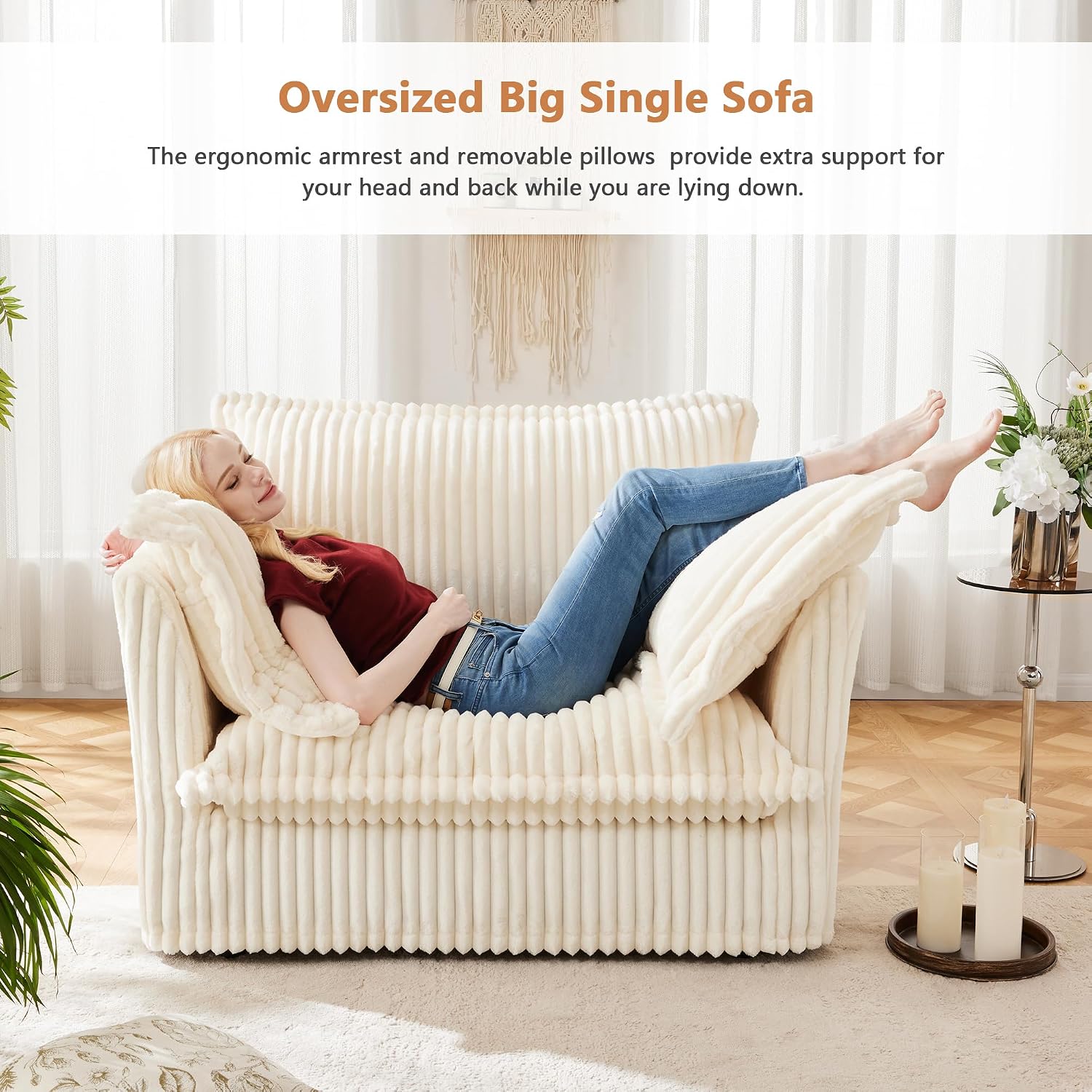 Aoowow Oversized Modular Sectional Sofa Chair, 49” Corduroy Fabric Single Armchair Comfy Deep Seat Couch Sofa with Big Toss Pillows for Living Room Apartment Office(Cream-Corduroy)