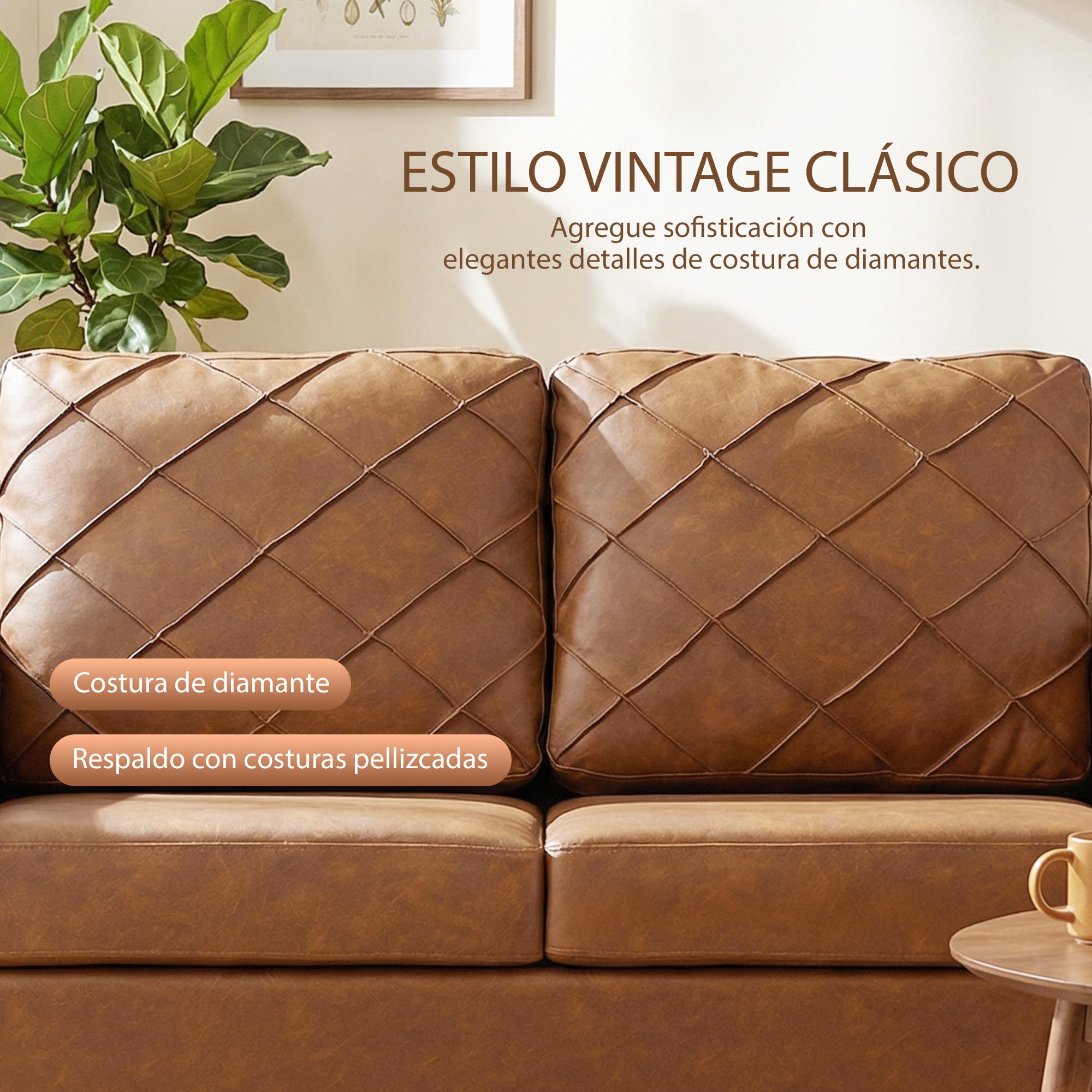 HOMCOM Sofá de 2 Plazas Sofá Moderno Tapizado en PU 134x71x82 cm Marrón | Cojín Grueso, Respaldo con Costuras, Asiento Amplio, Patas de Madera Maciza, Salón, Dormitorio, Oficina