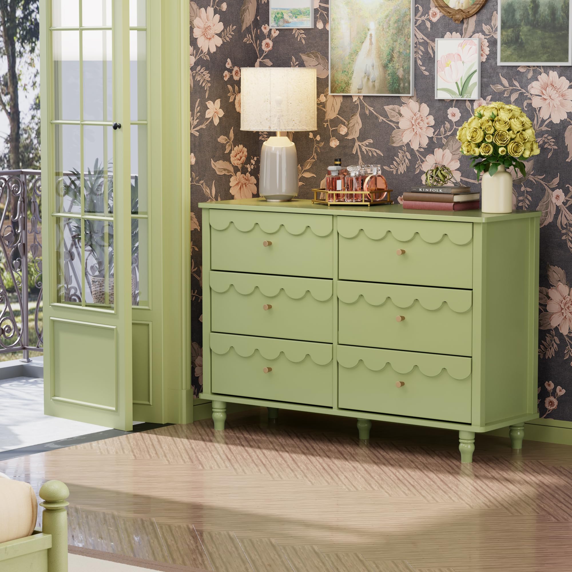 Amazon.com : Anbuy Green Scalloped Nursery Chests and Dresser for Kids  Bedroom Wood 6 Drawer Dresser, Dressers & Chests of Drawers with Metal  Handles for Bedroom, Nursery, Hallway : Baby