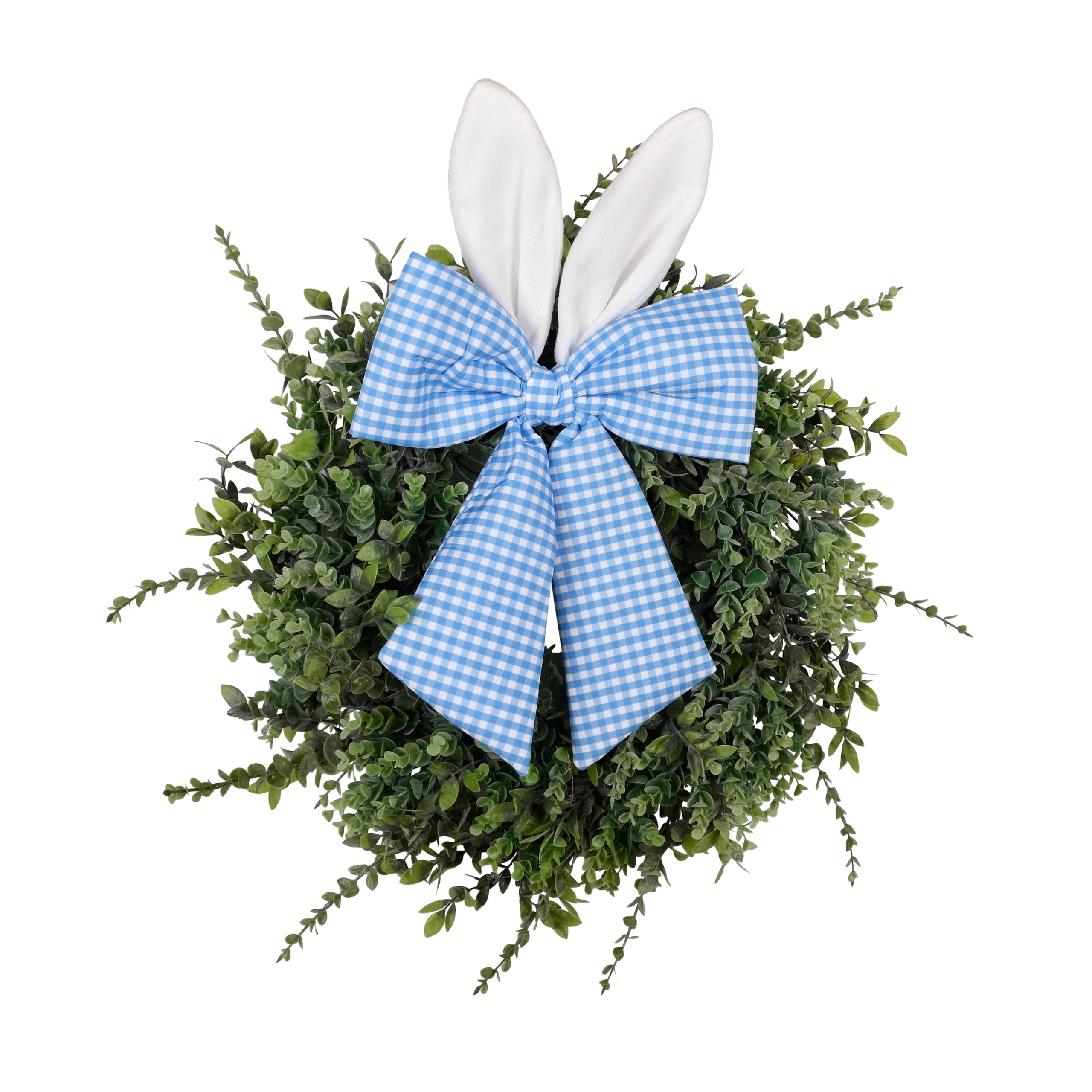 Photo 1 of 24" Easter Wreath for Front Door, Artificial Green Boxwood Spring Wreath with Bunny Ears & Blue Plaid Bow, Spring Easter Outdoor/Indoor Decor for Home Farmhouse Office Porch Wall Mantel Window