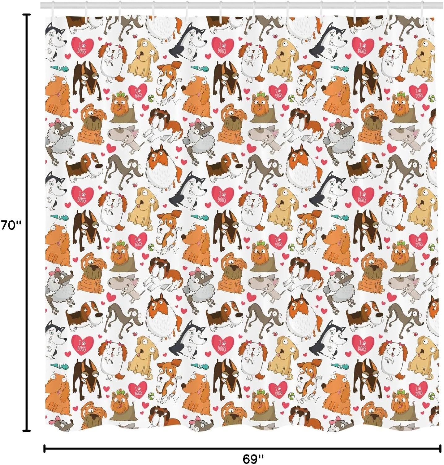 Ambesonne Dog Lover Shower Curtain, Cartoon Canines Bullterrier Doberman Husky Spaniel Love Theme Funny Characters, Cloth Fabric Bathroom Decor Set with Hooks, 69" W x 70" L, Pink Marigold Brown