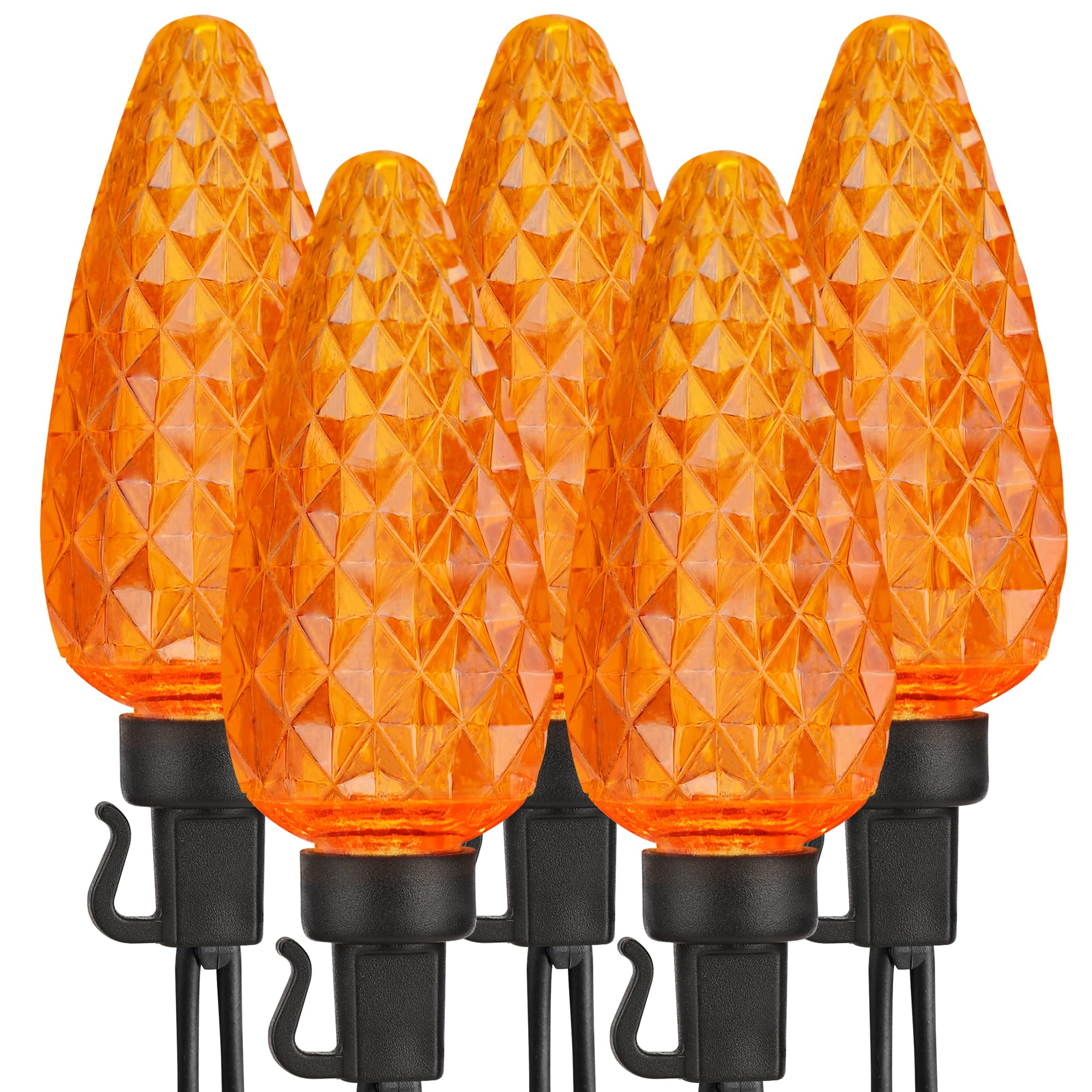 Brizled C9 Halloween Lights, 33ft 50 LED Faceted C9 Orange Lights String Connectable, 120V UL Certified Orange Lights, Outside LED Halloween Lights Black Wire for Outdoor Indoor Garden Tree Yard Patio
