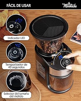 La Moustache - Molinillo de Café Eléctrico 200W con Mecanismo Plano de Acero Inoxidable 190g | 25 Grados de Molido【Bajo Ruido】Contenedor Transparente, Temporizador y Cepillo (GrindMaster Black)5