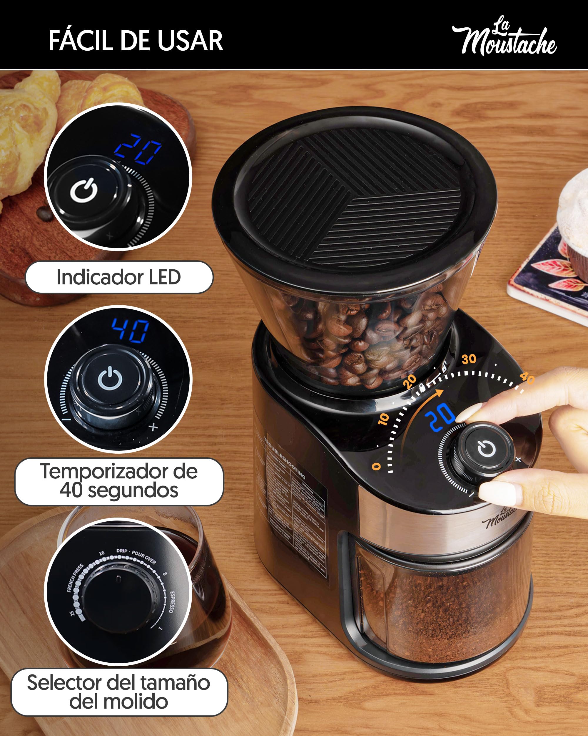 La Moustache - Molinillo de Café Eléctrico 200W con Mecanismo Plano de Acero Inoxidable 190g | 25 Grados de Molido【Bajo Ruido】Contenedor Transparente, Temporizador y Cepillo (GrindMaster Black)