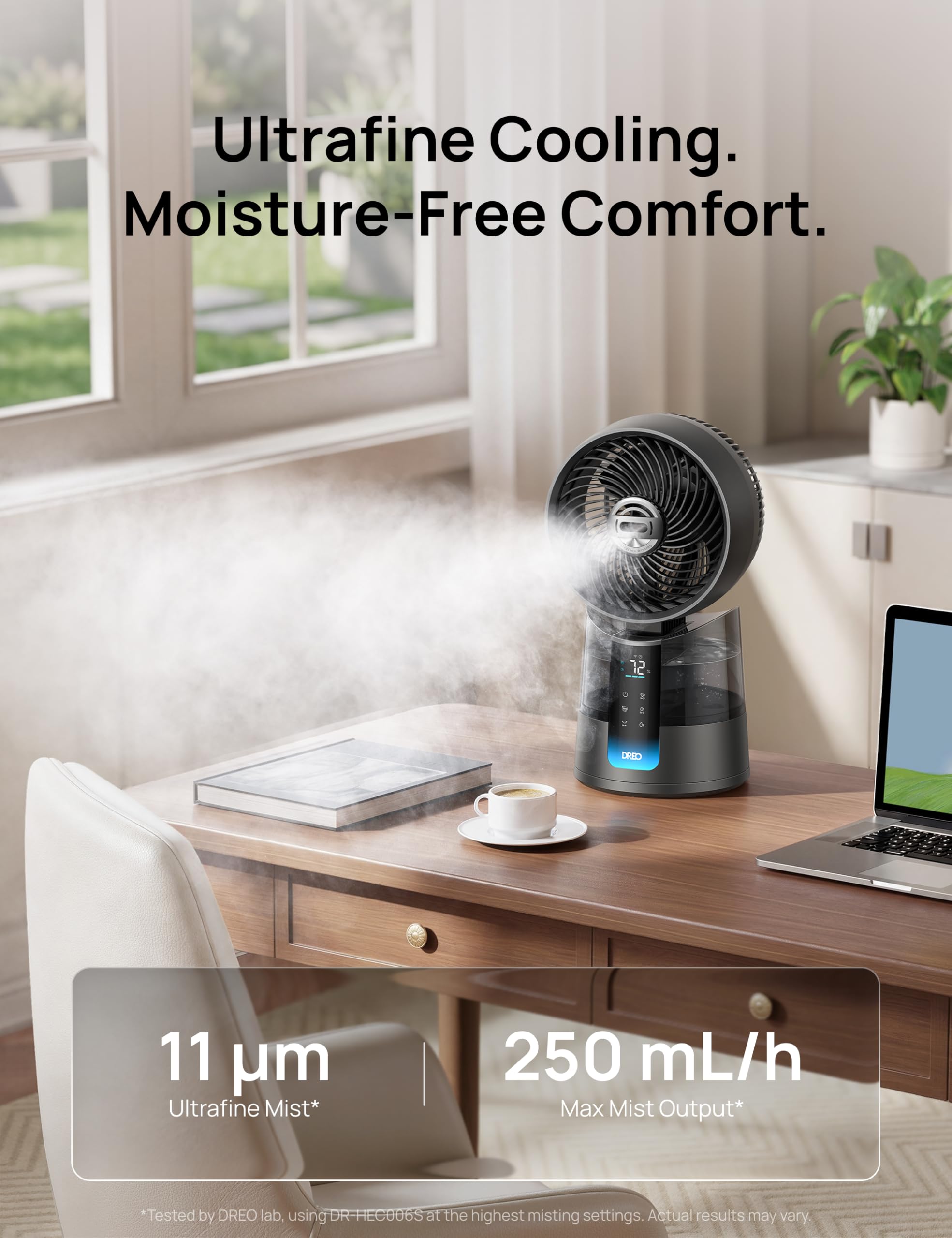 Dreo TurboCool Ventilador 516S, ventilador mesa oscilación 150° + 30°, enfriador evaporativo 7,9 m/s, niebla ultrafina, silencioso 20 dB, 6 velocidades, 2 modos, control app + mando.