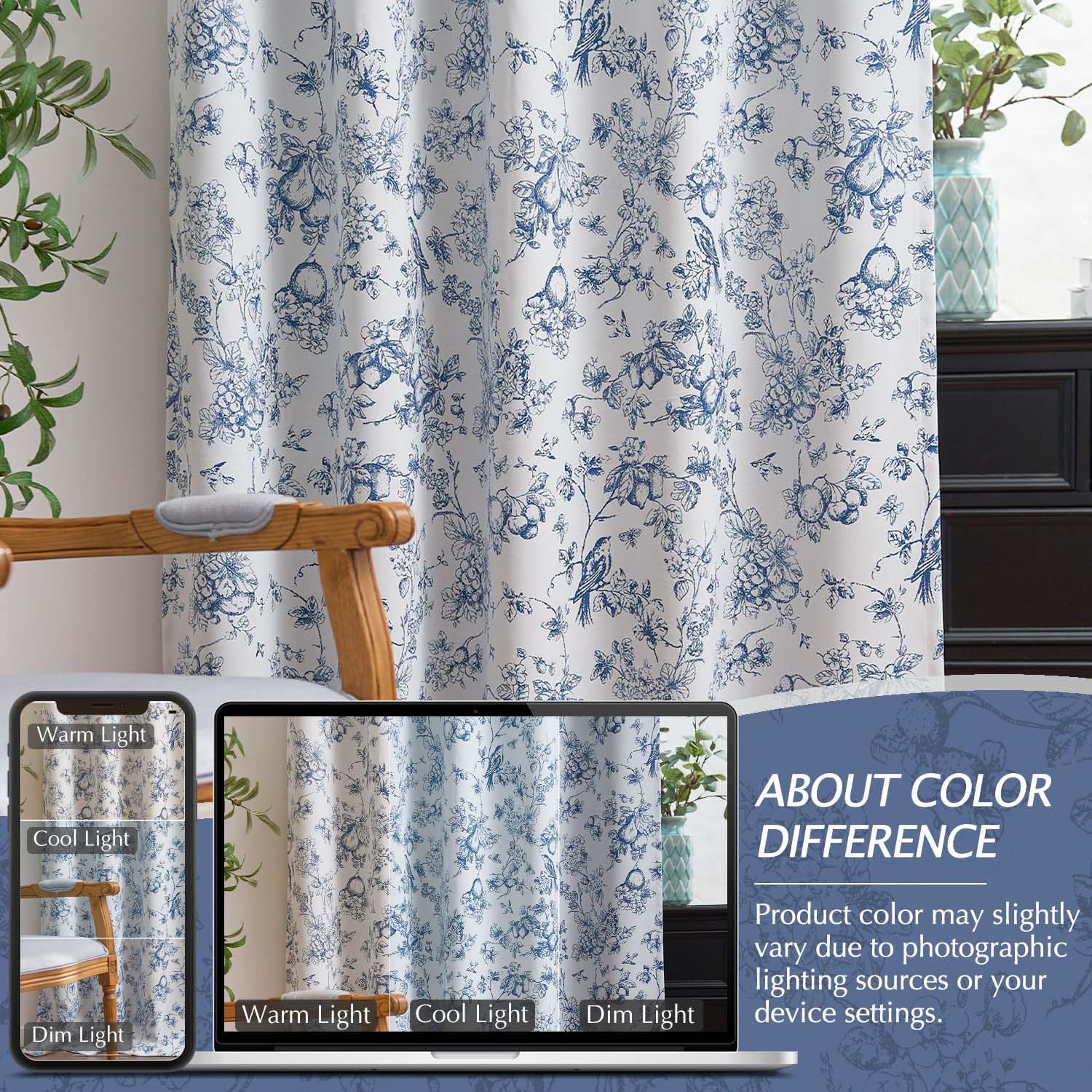 Vangao Blue 100% Blackout Curtains for Bedroom 63 Inch Length, Country Flower Floral Curtains for Living Room Toile Cottagecore Thermal Insulated Window Drapes, 2 Panels Blue and White - Image 8