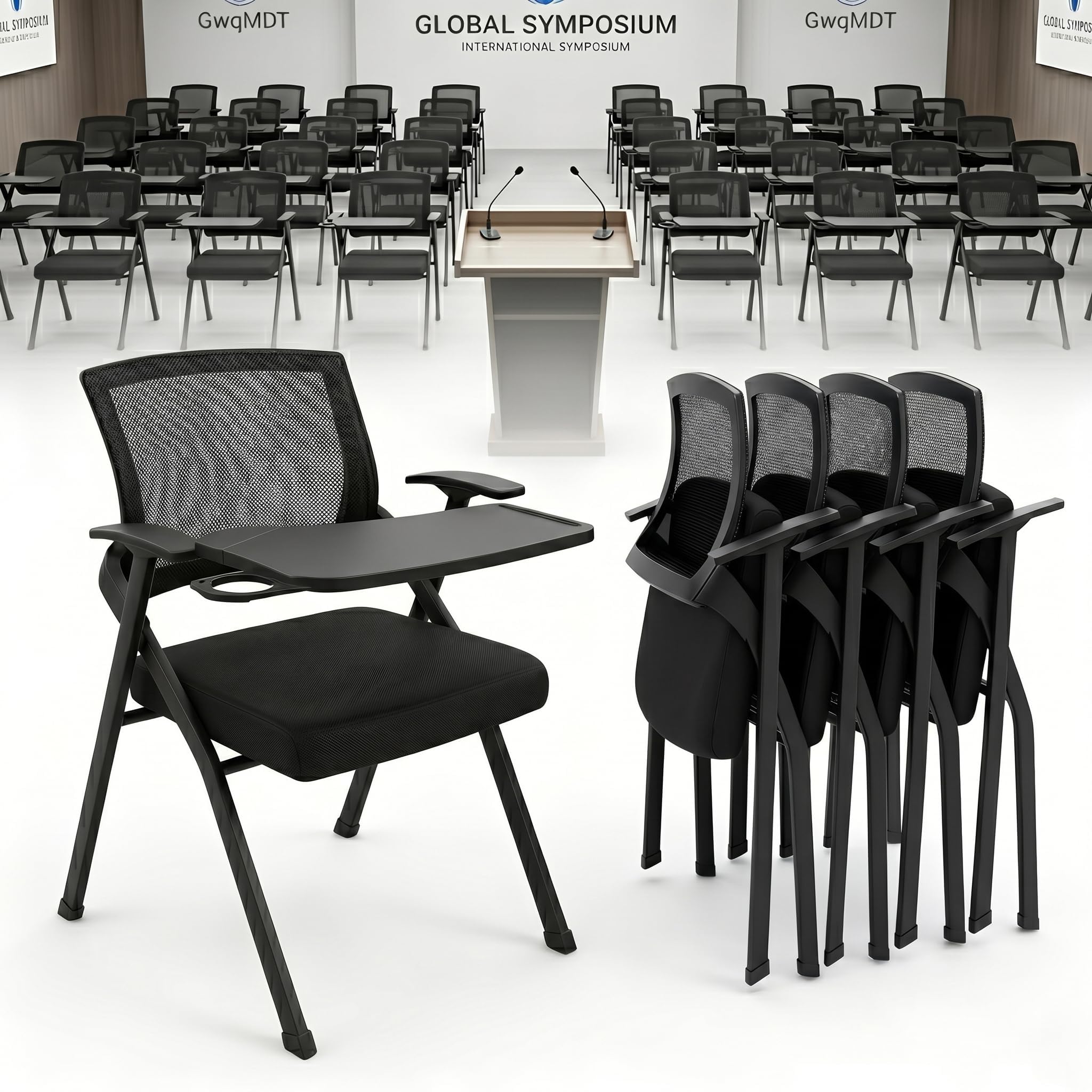 [2 Pack] Folding Conference Room Chair with Writing Board &amp; Cup Holder