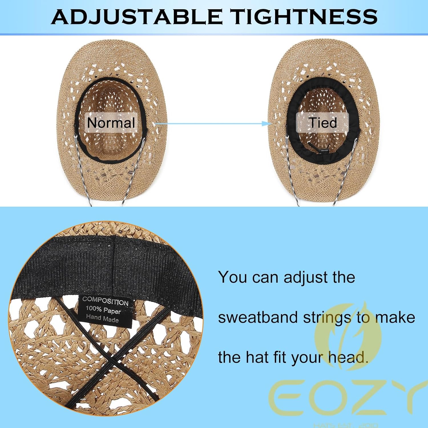 Straw Cowgirl Hat for Women Men Western Cowboy Hat Woven Hollow Out Wide Brim Sun Hat with Chin Strap