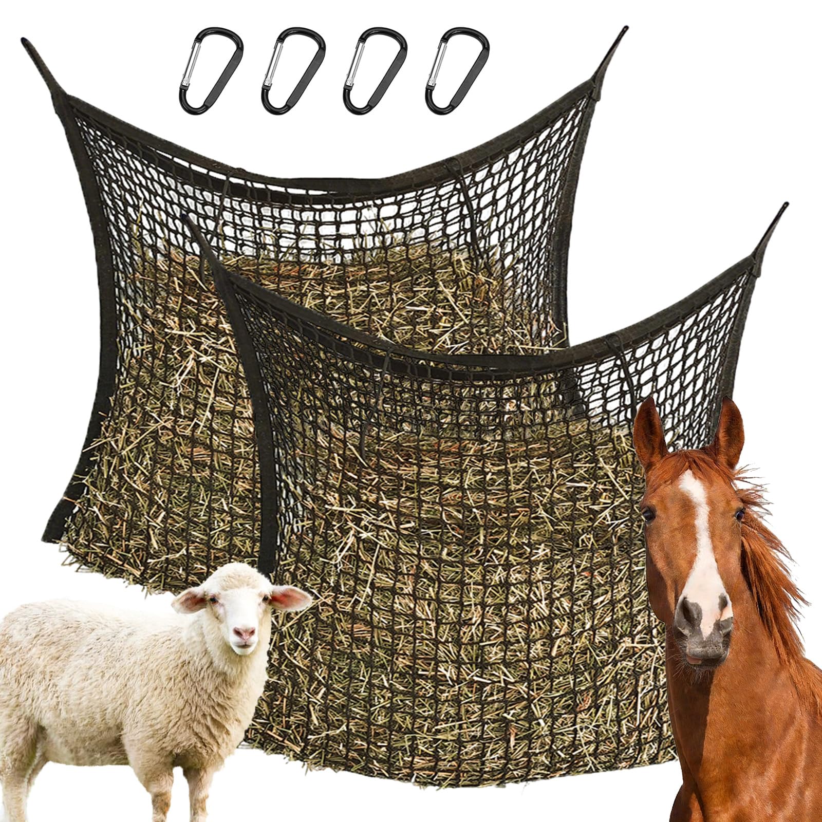 Red de Heno para Caballos,2 Piezas Red de Heno Pacas 80x90 cm,Malla de Henos,con 4 Mosquetones,Capacidad de 8 Kg,Prolongación de La Hora de Alimentación,para Cabras,Animales,Caballos