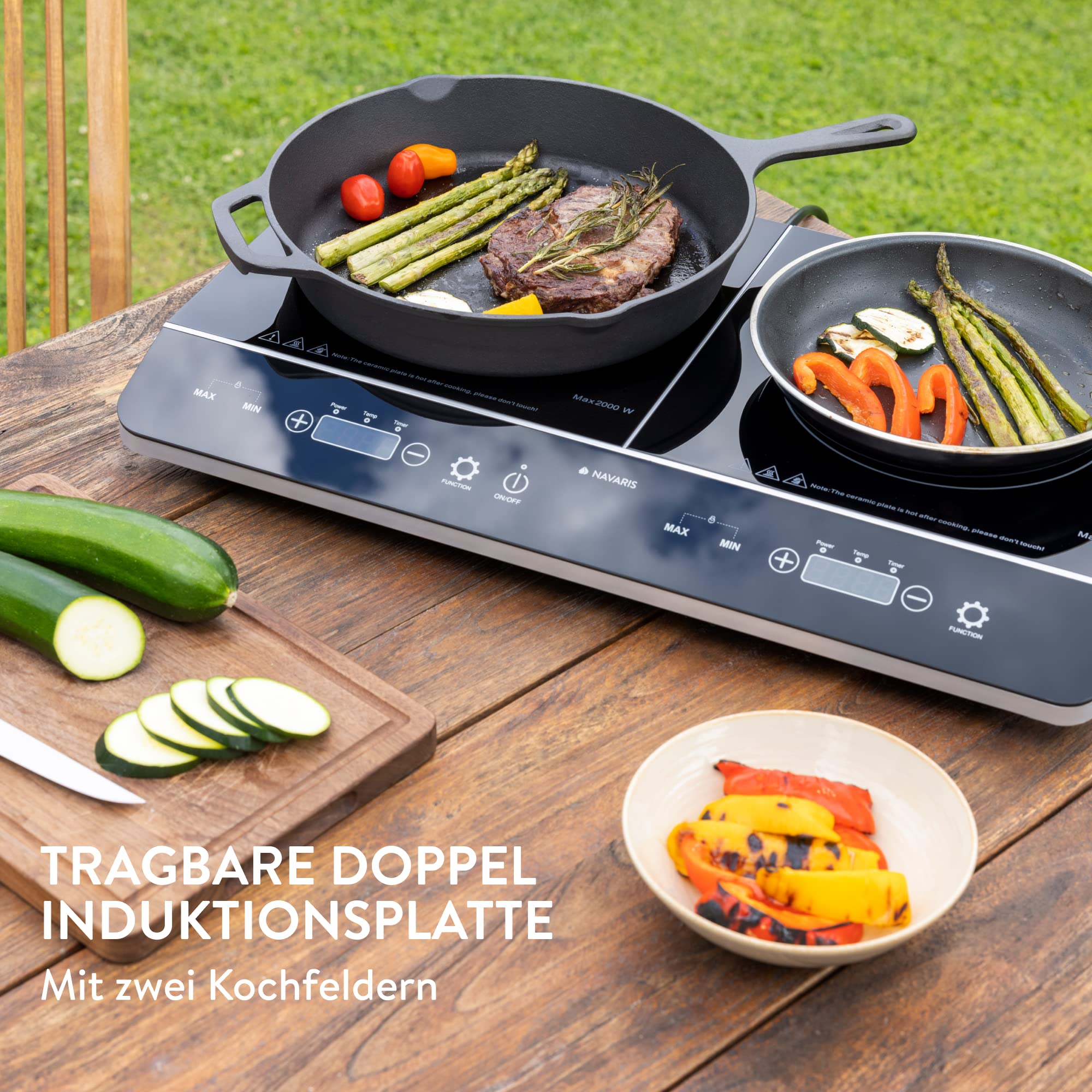 Navaris 2 Platten Induktionskochfeld - Mobil mit 3500 Watt - Tragbares Doppelt Camping Kochfeld - Induktionskochplatte mit Timer Touch-Display und Topf-Erkennung