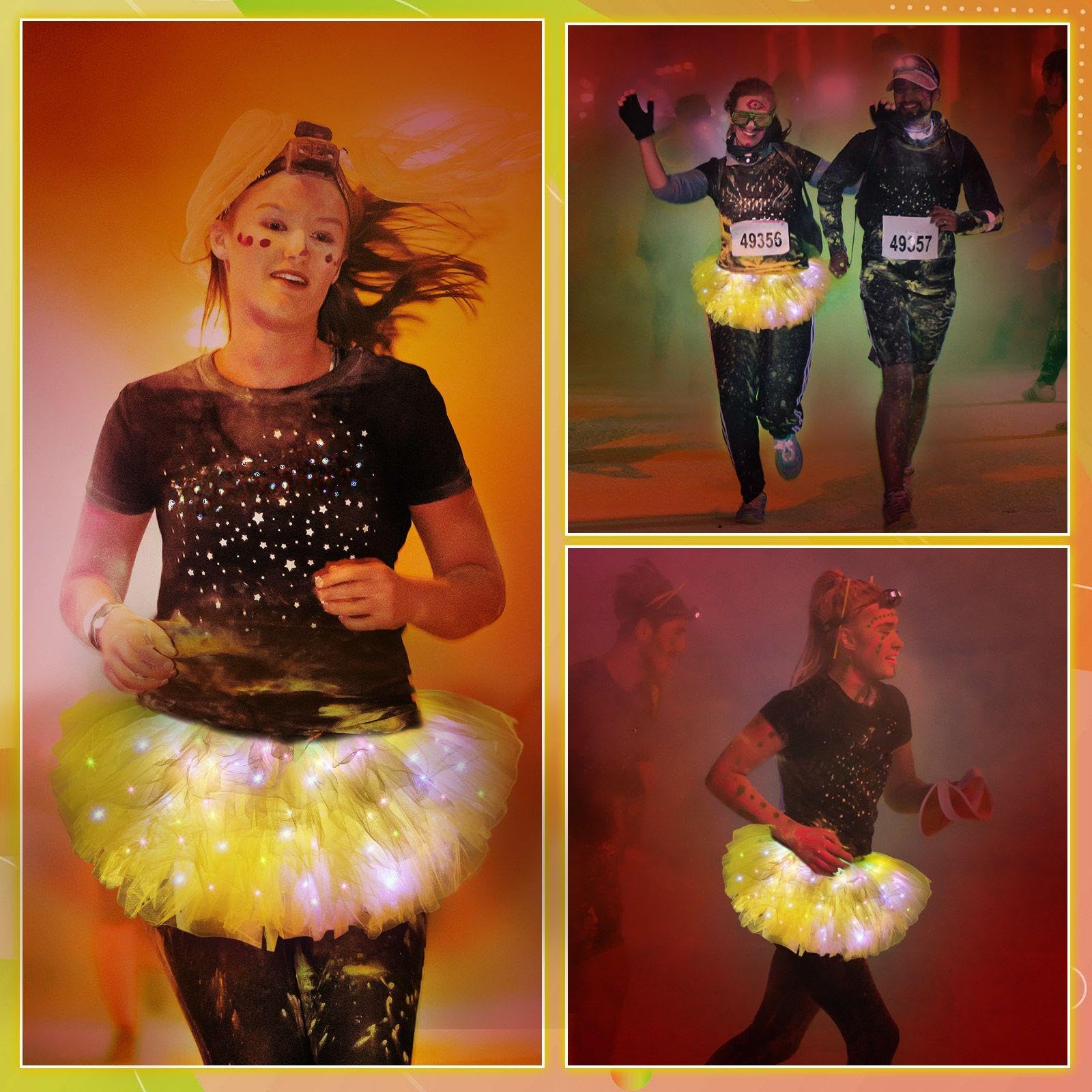 Crowye Paquete de 2 faldas tutú con luces LED, tutú de 5 capas, falda de tul neón para mujer, fiesta de los años 80, disfraz de Halloween con purpurina