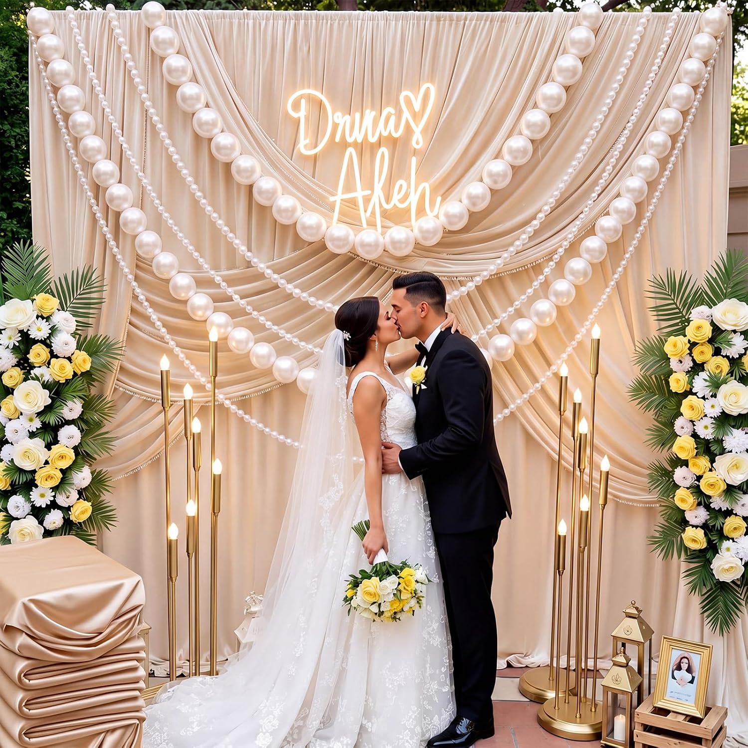 3 Pcs 4.92 ft Giant Wedding Pearl Garland Decor with Background, Mixed