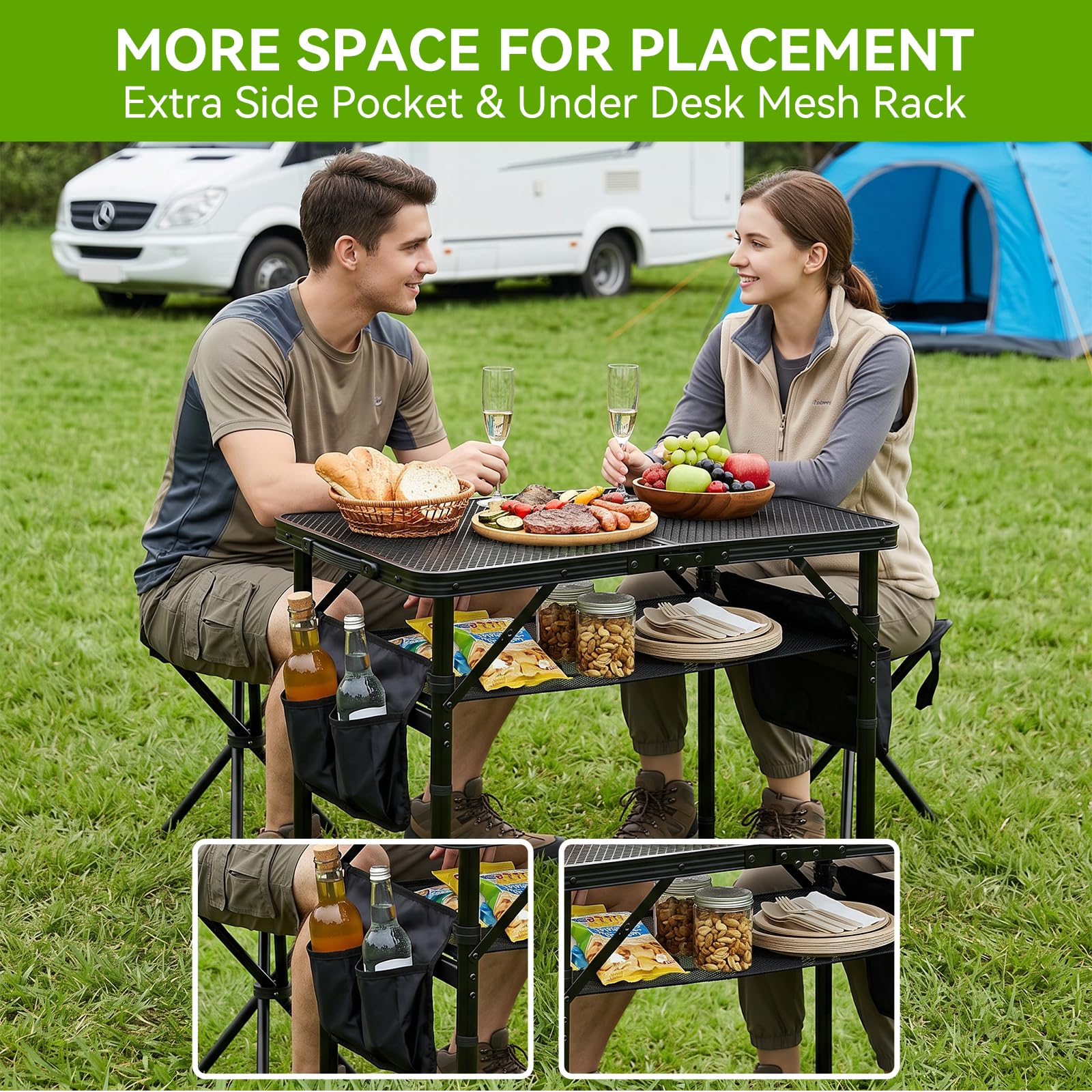 Campingtisch Klappbarer 60×40cm 3-Fach Höhenverstellbarer Grilltisch mit Metallgitter-Tischplatte und 2 Seitentaschen Faltbarer Gartentisch Klapptisch für Outdoor Garten Camping Picknick