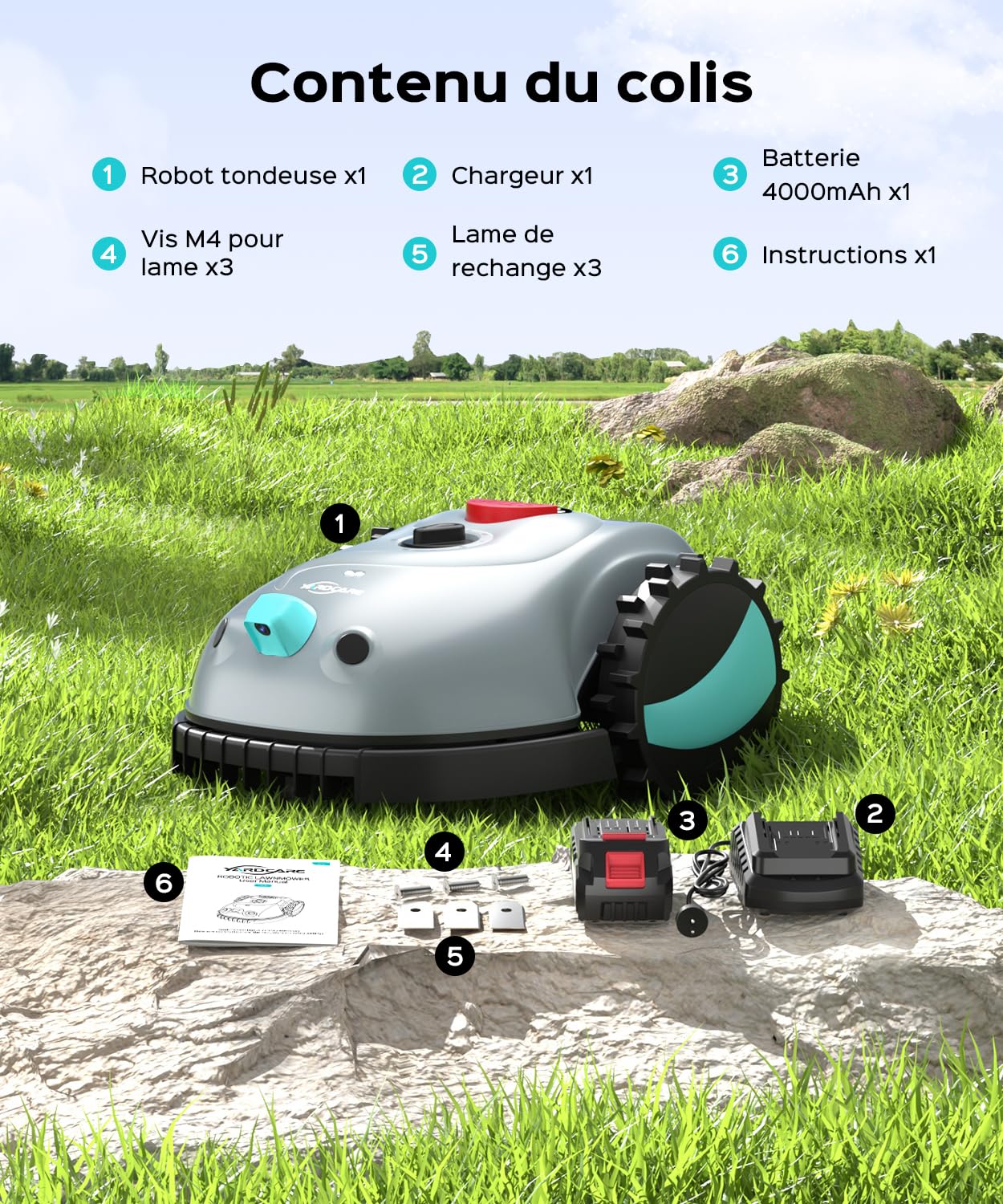 YARDCARE V100 Robot Tondeuse sans Fil Périphérique avec Navigation Visuelle, Coupe en Spirale, Détection d'obstacles 150, Robot Tondeuse Gazon avec Batterie(4Ah), Lames de Rechange