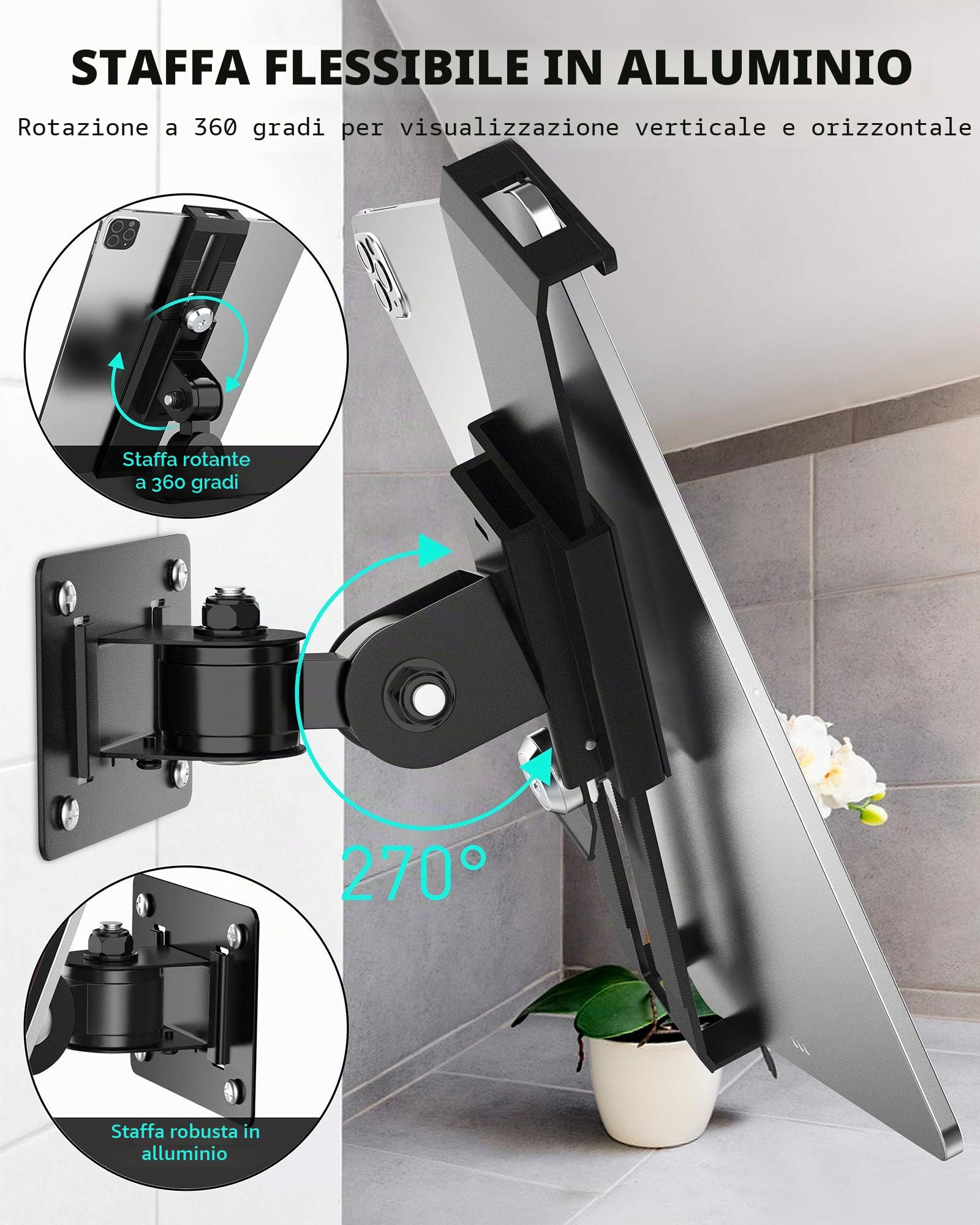 AboveTEK Supporto da Parete per Tablet - Per Tablet da 7-11 Pollici/iPad/Galaxy Tab/Slate/Fire e altro - Blocco e Chiave di Sicurezza Antifurto - Relogazione Verticale e Orizzontale