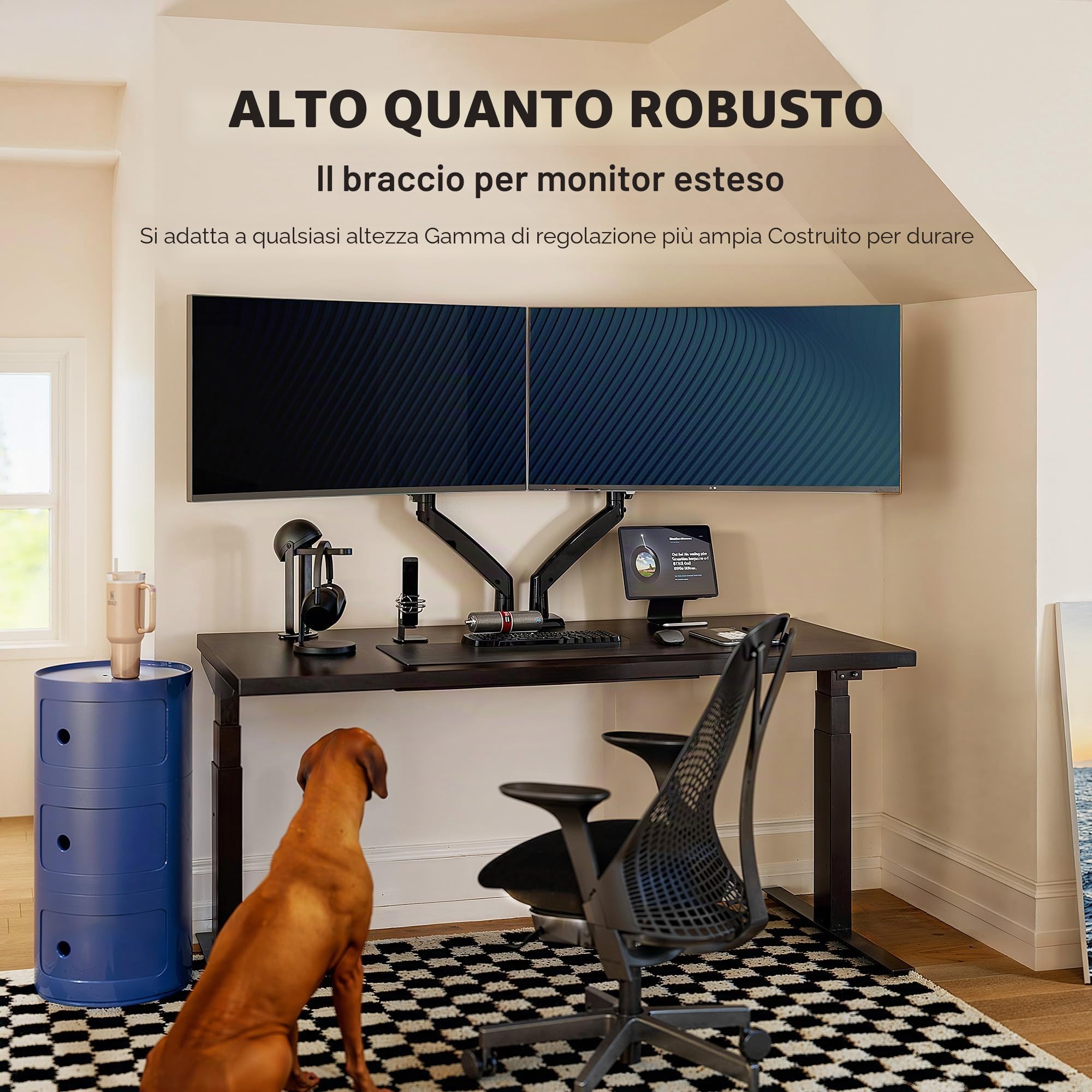 HUANUO Supporto Doppio Monitor 13-40 pollici, Braccio Doppio Monitor USB, Suppor to Regolabile in Altezza Supporto VESA Base a Morsetto a C/Gommino, Braccio Porta 12kg, HNDS7