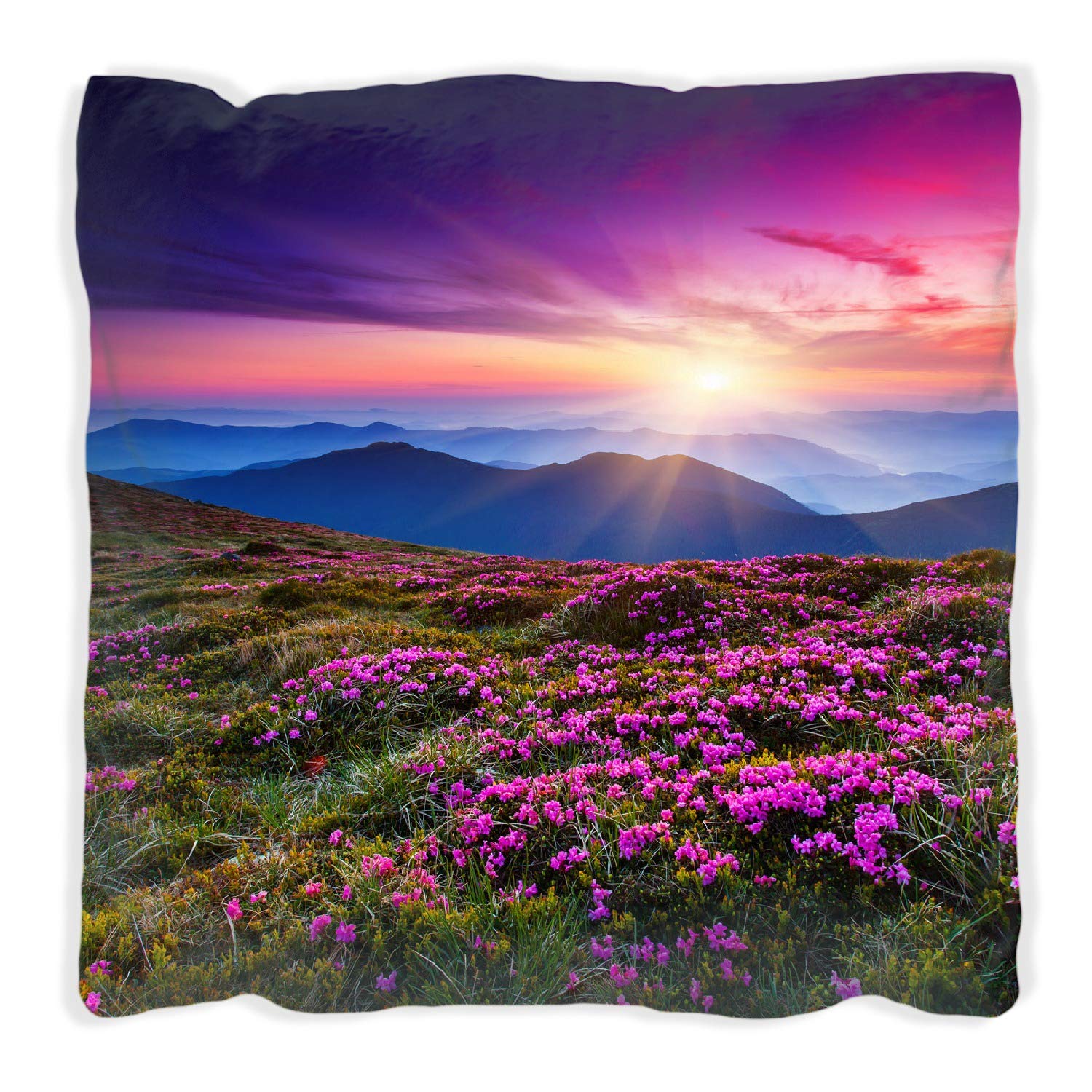 Wallario Dekokissen 60 x 60 cm mit schwarzer Rückseite, Blumenbedeckte Wiese bei Sonnenuntergang, Kuschelkissen mit weicher Plüsch-Oberfläche