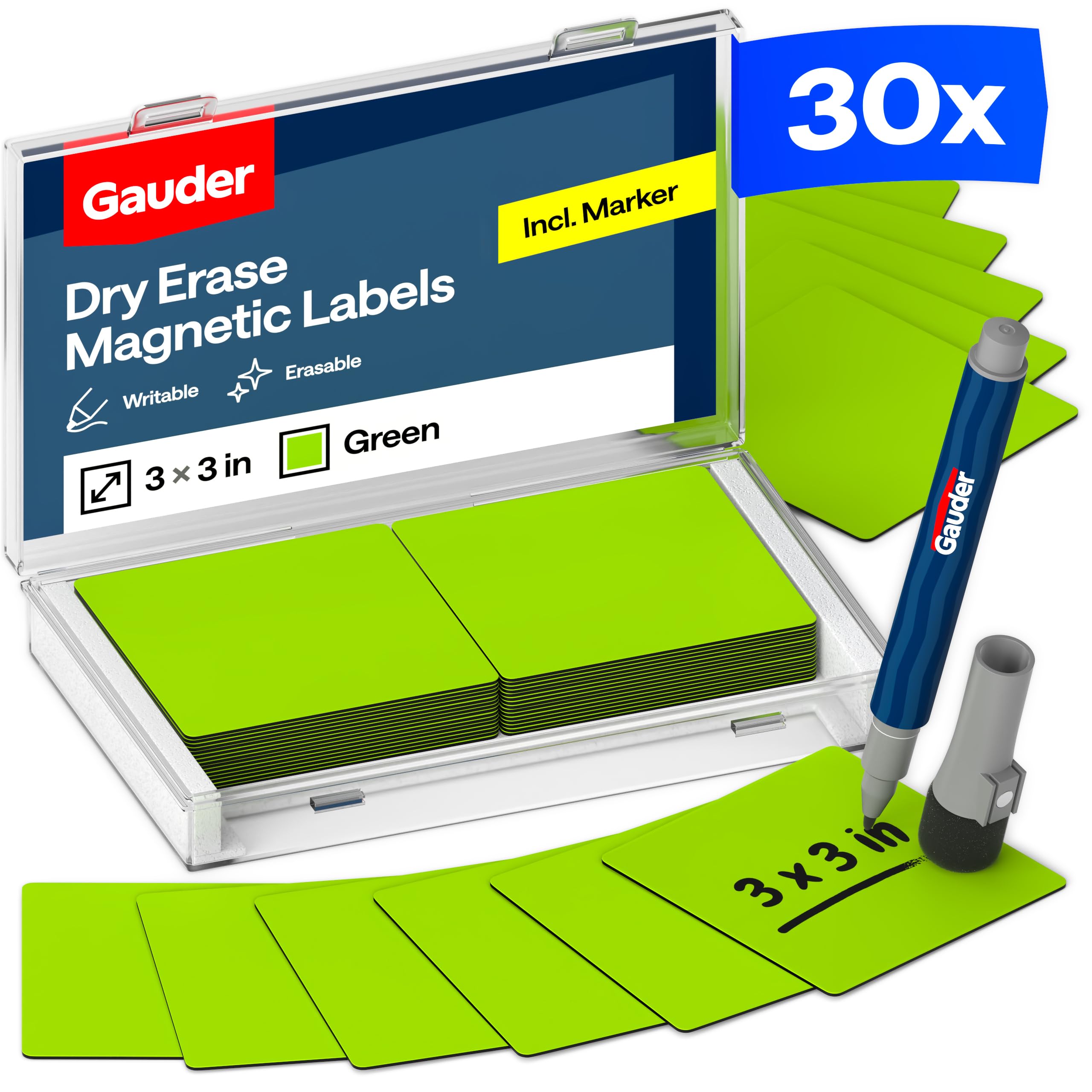 GAUDER Magnetic Dry Erase Labels | 30x Magnetic Labels (3x3 Inches) | Dry Erase Magnets for Classroom, Whiteboard and Blackboard