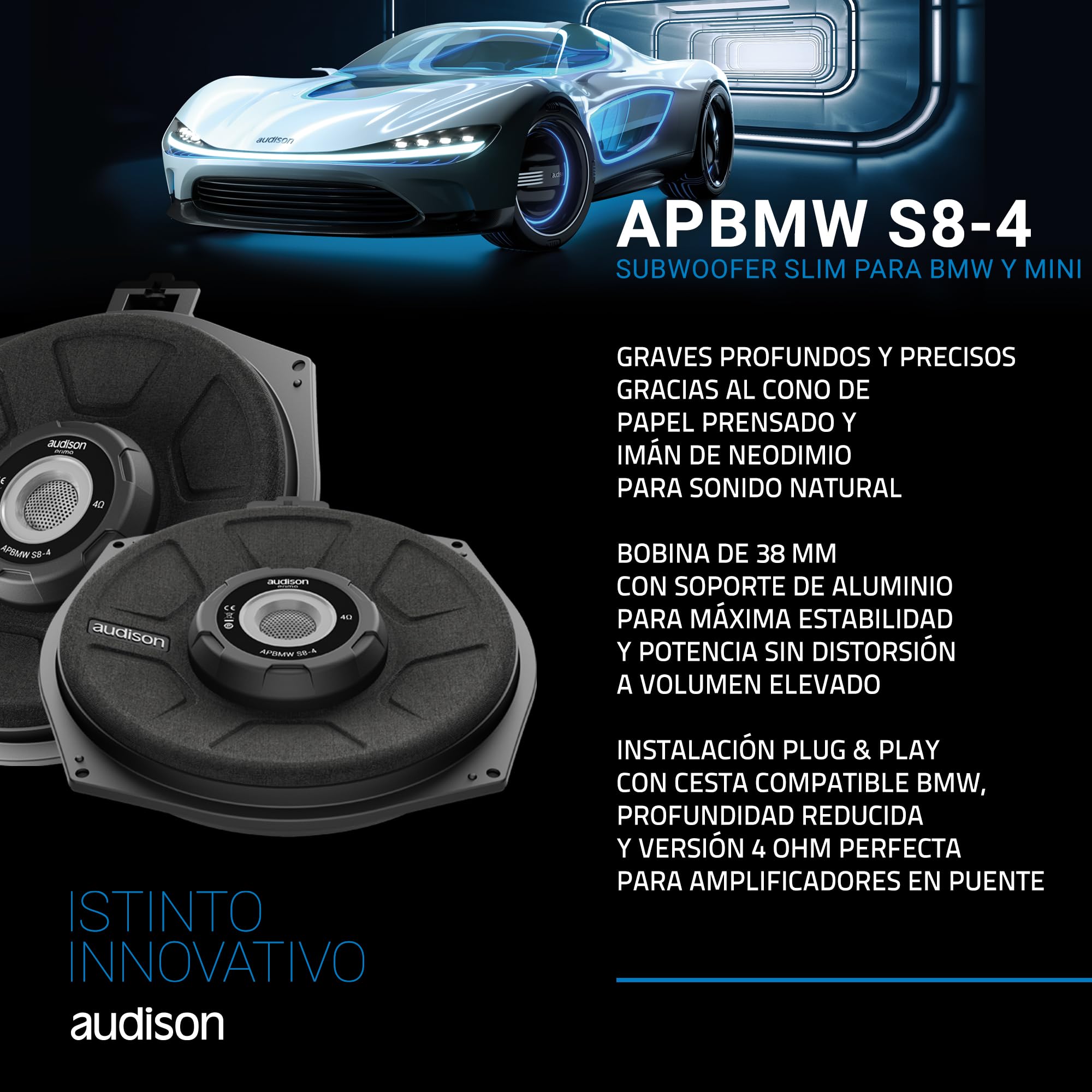 Audison APBMW S8-4.2 – Subwoofer específico para BMW de 200 mm con impedancia de 4 Ω, Cono Reforzado y Estructura compacta, 300 W máx