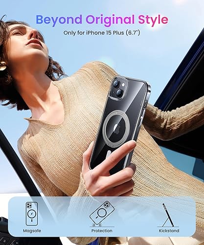 Miniatura 7 de Danmus Funda magnética para iPhone 15 Plus compatible con MagSafe no amarillenta protección militar contra caídas con soporte de anillo de 360 para