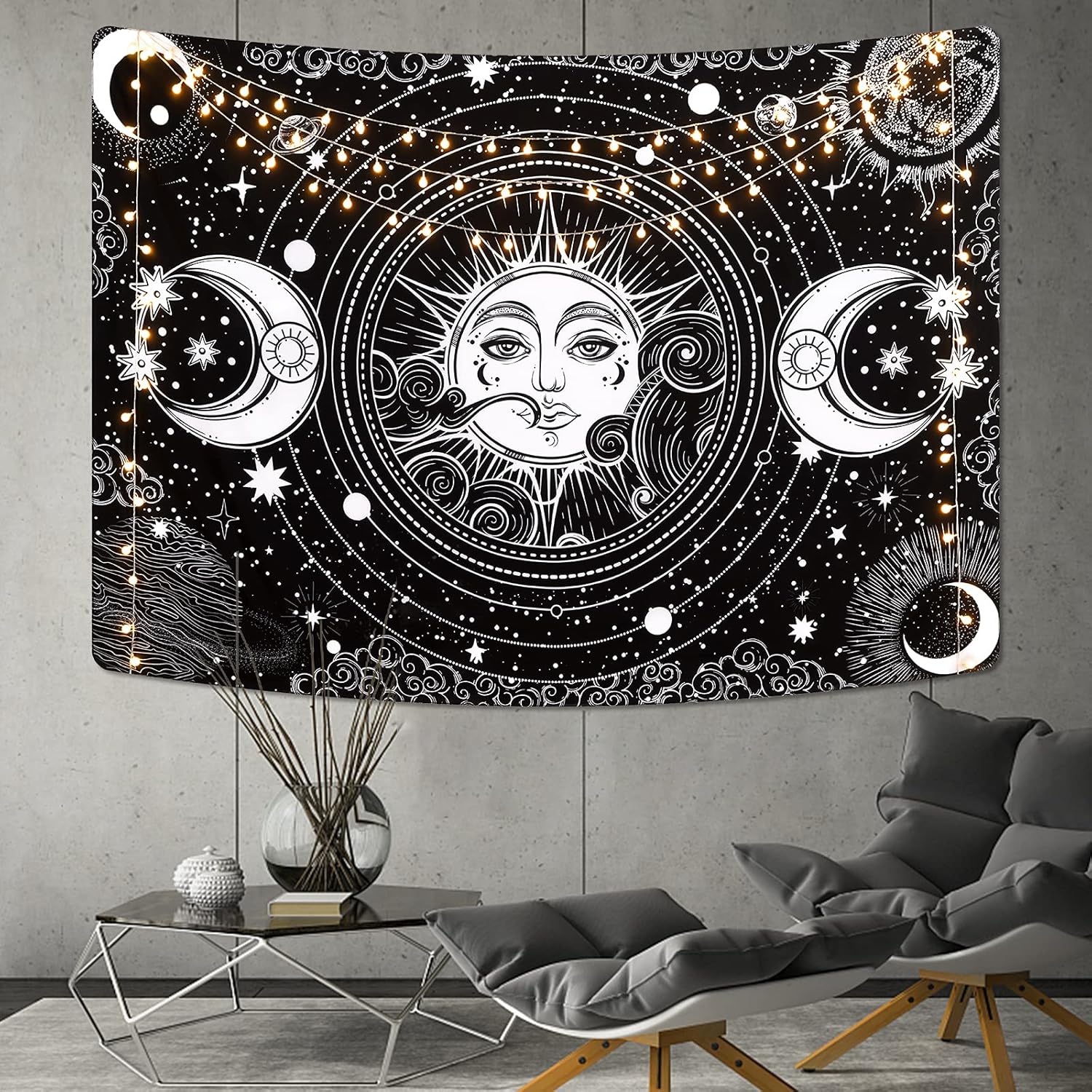 Sun and Moon Tapestry Black and White Tapestry Moon and Stars Tapestry