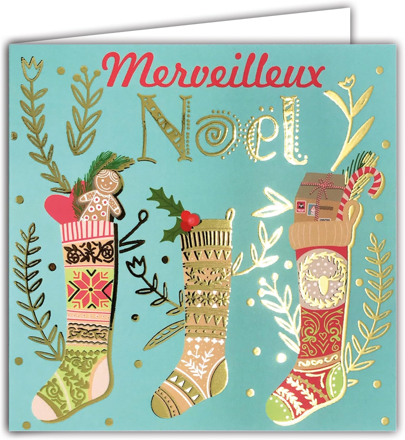 Merry Christmas Square Card in Shiny Gold with White Envelope 15 x 15 cm – Gifts Shoes Socks Boots Santa Claus 25th December Holidays End of Year Holly Biscuit Heart – Made in France