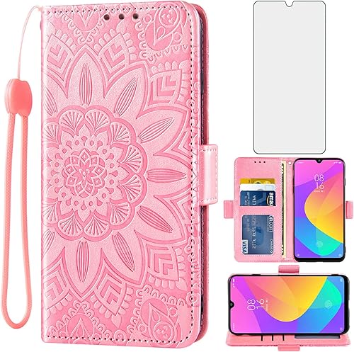 Asuwish Funda de teléfono para Xiaomi Mi A3 con protector de pantalla de vidrio templado y billetera de cuero de flores con tapa para tarjeta de