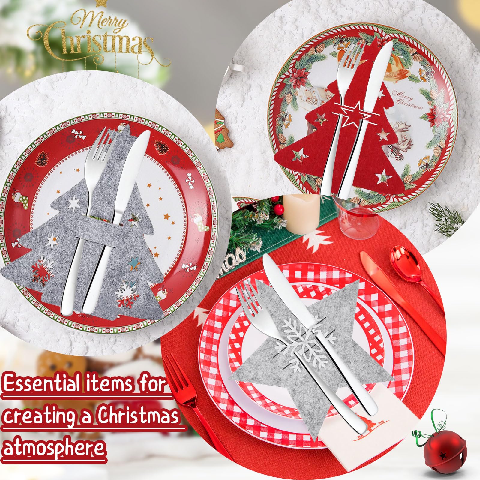 Produktbild von 12 Stück Weihnachten Besteckhalter, Besteckhalter Weihnachten Filz, Weihnachten Bestecktaschen, Grau Weinachts Messer Gabeln Löffel Geschirr Besteck Taschen Für Party Tisch Weinachtsdeko