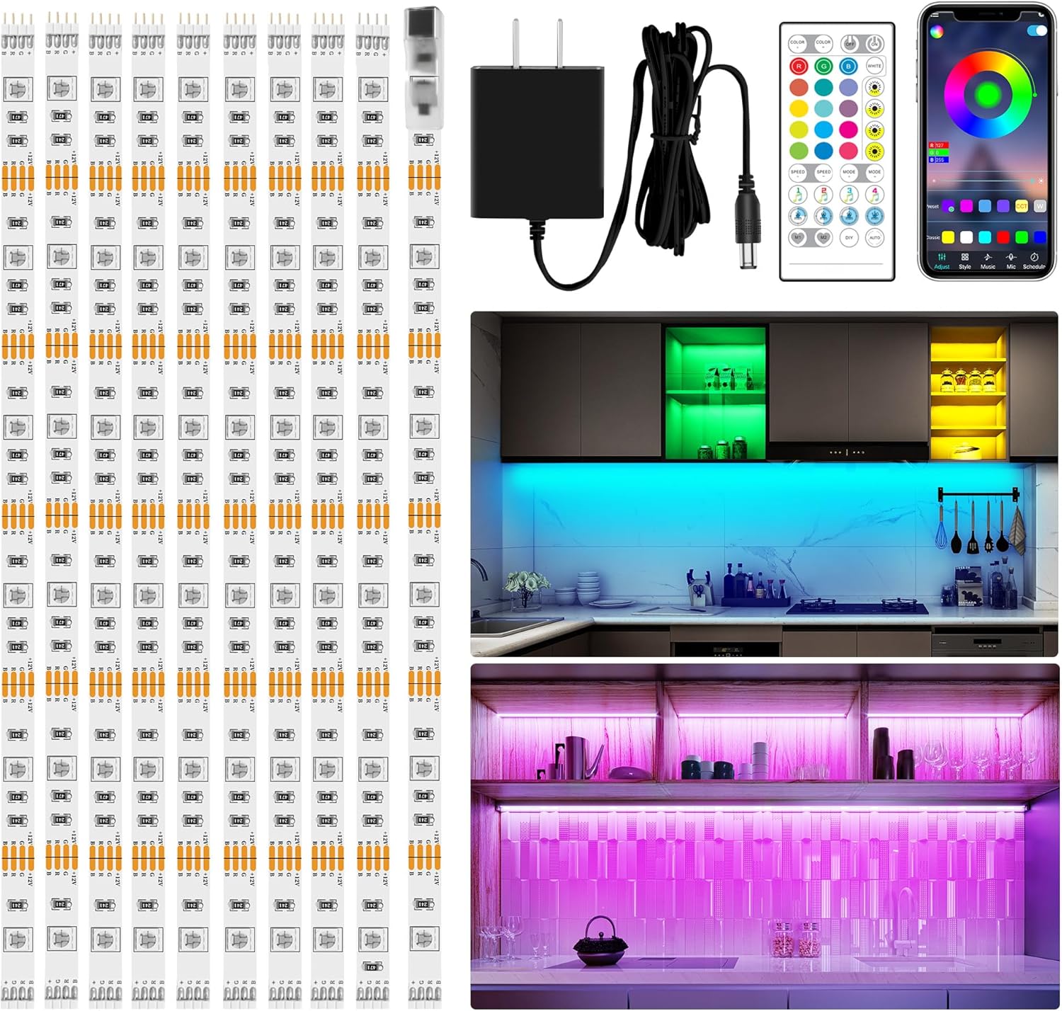 maylit 10 PCS RGB Under Cabinet Lighting Kit, App and Remote Control Led Strip Lights, Music Sync Color Changing Led Lights with ETL Listed Power Adapter, for Cabinet, Counter, Shelf, Bookcase,16.4ft maylit 10 PCS RGB Under Cabinet Lighting Kit, App and Remote Control Led Strip Lights, Music Sync Color Changing Led Lights with ETL Listed Power Adapter, for Cabinet, Counter, Shelf, Bookcase,16.4ft