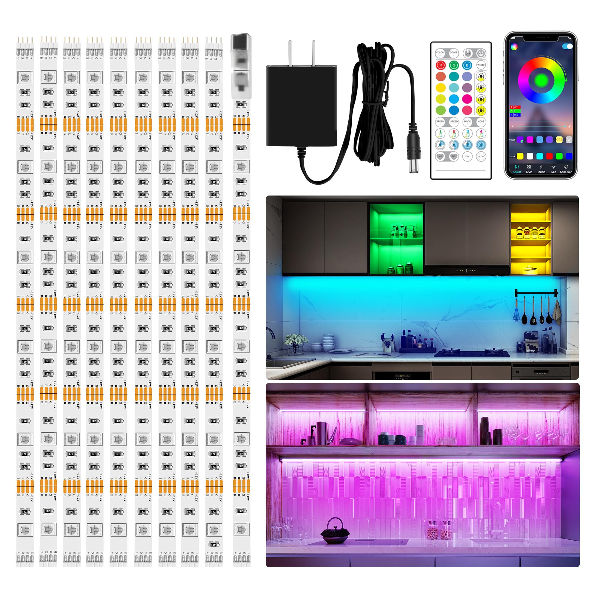 maylit 10 PCS RGB Under Cabinet Lighting Kit, App and Remote Control Led Strip Lights, Music Sync Color Changing Led Lights with ETL Listed Power Adapter, for Cabinet, Counter, Shelf, Bookcase,16.4ft