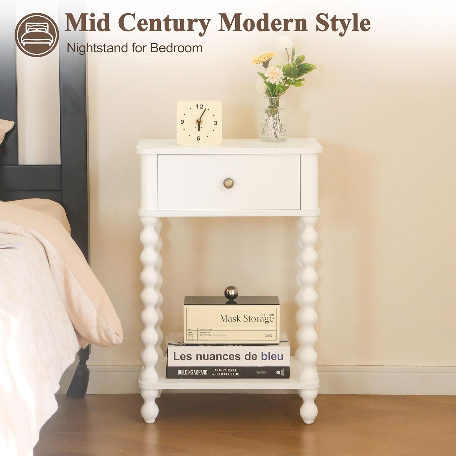 AWASEN White Nightstand, Small Side Table with Drawer for Living Room, Farmhouse End Bedside Table with Spindle Wood Legs for Bedroom, Office, White