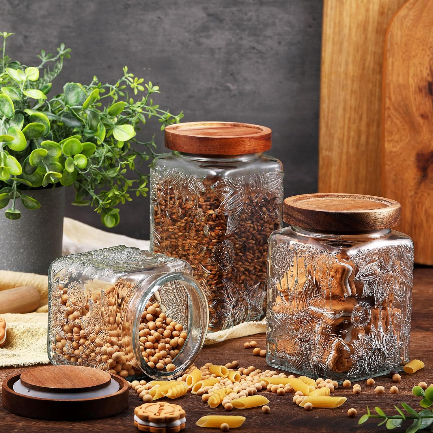 Suclain 5 Pcs Sunflower Vintage Glass Jars with Bamboo Airtight Lid 17/24/34 oz Glass Food Containers Storage for Kitchen Counter Pantry Sugar Flour Coffee Tea Candy Oats Cereal(Square)