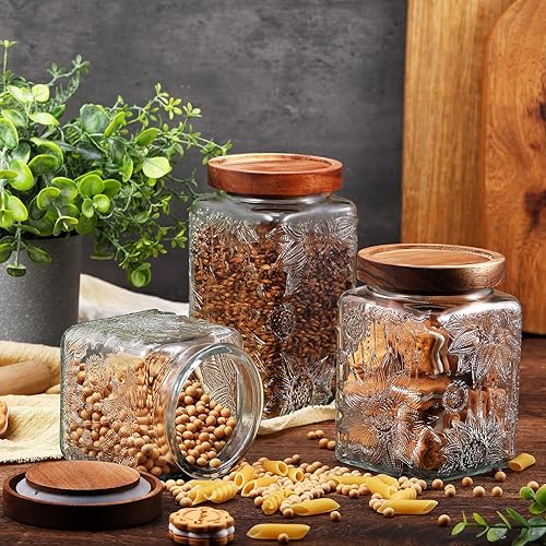 Miniatura 2 de Suclain 5 tarros de vidrio vintage de girasol con tapa de bambú de 172434 onzas, almacenamiento para cocina, encimera, despensa, harina de azúcar,