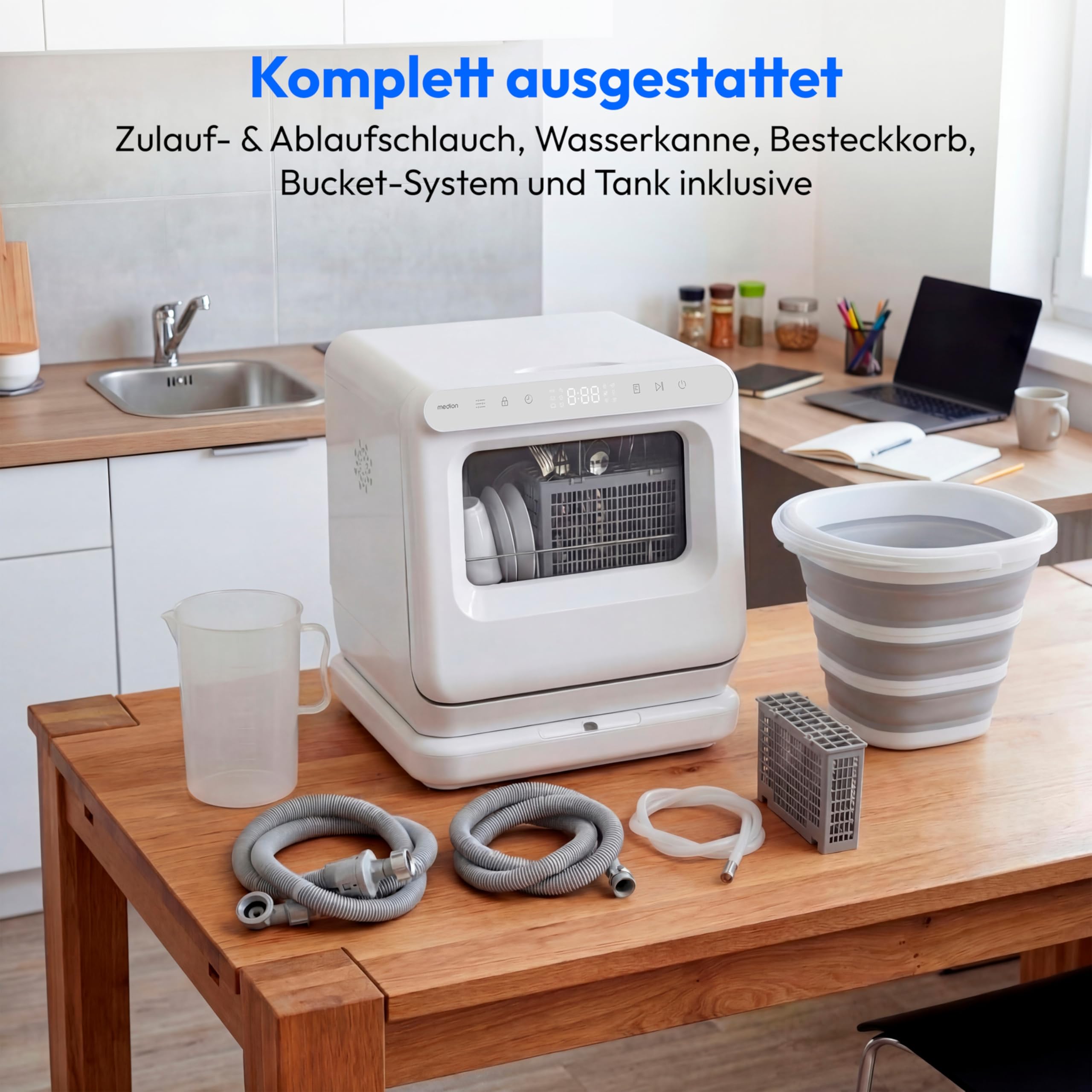 MEDION Mini Geschirrspüler DWT30 3 Maßgedecke 3in1 Tischgeschirrspüler 6 Programme UV-Licht freistehend