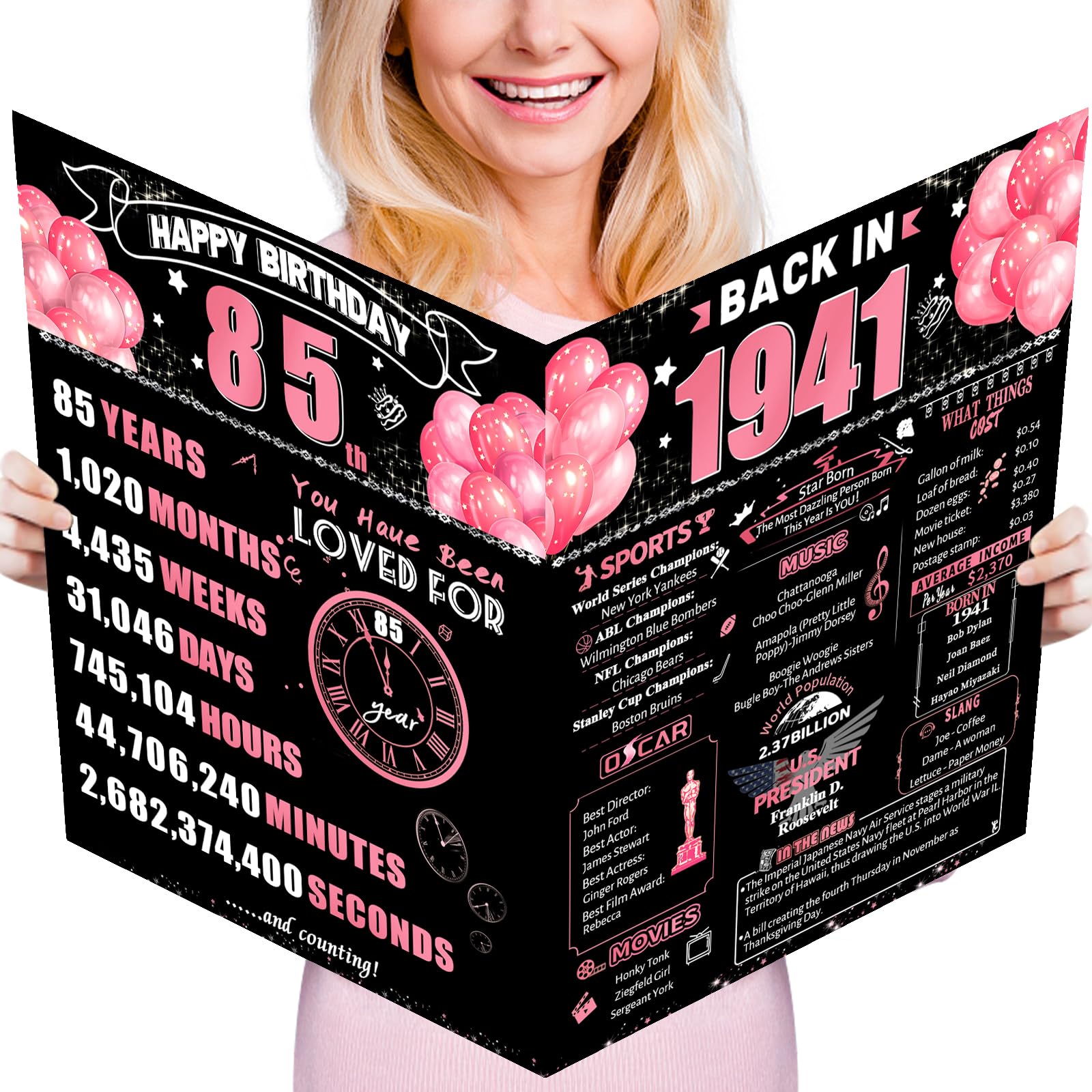 FOBELEC 85th Jumbo Birthday Card with Envelope, Black Pink Retro Birthday Decorations for Women and Men, 85 Year Old Funny Birthday Gifts for Grandma and Grandpa, Back in 1941