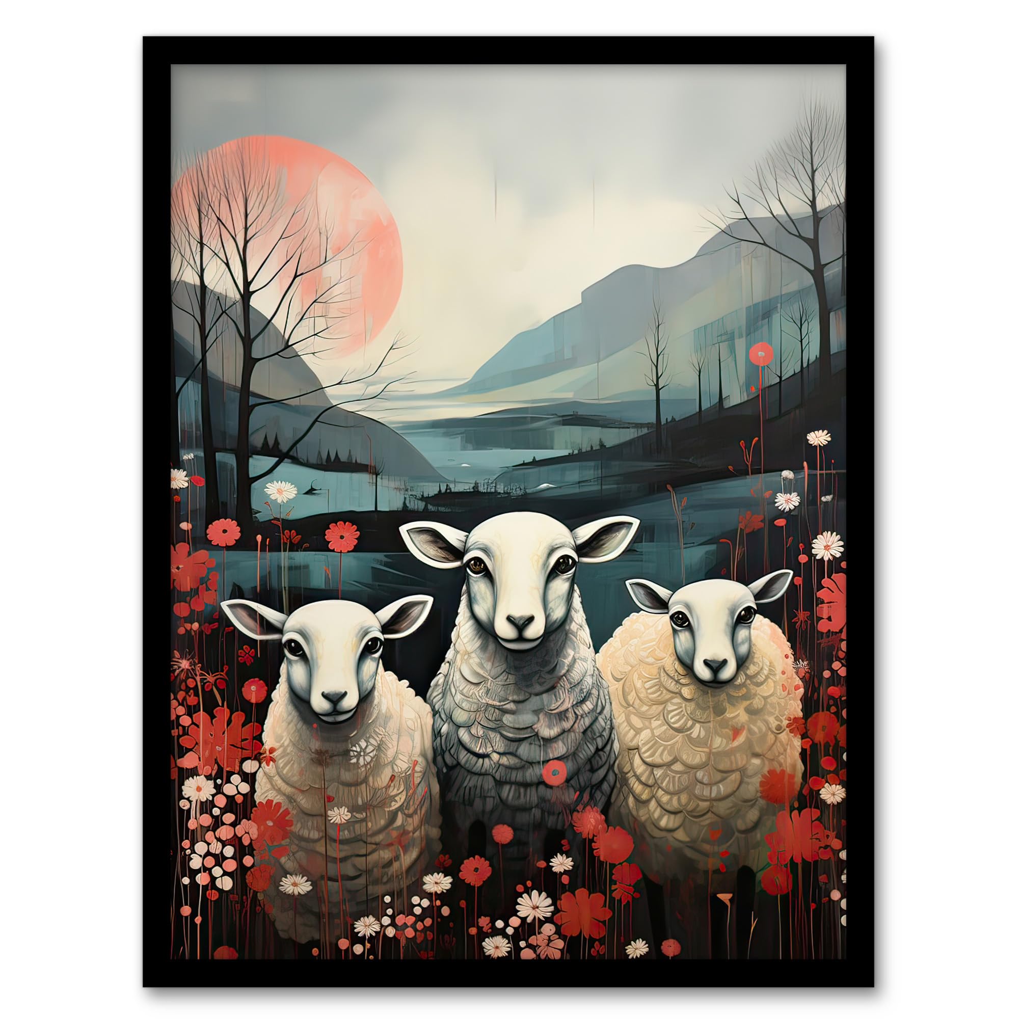 Artery8 Three Sheep Pink Blue Floral Scottish Landscape Artwork Framed Wall Art Print A4