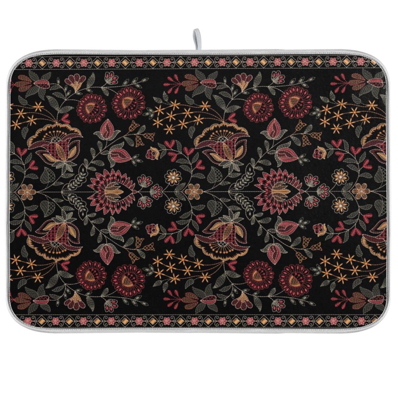 Dish Drying Mat (Flowers Pattern Netro) for Kitchen Counter Water Absorbant Heat Resistant Decorative Dish Drying Pad 16×18 inch