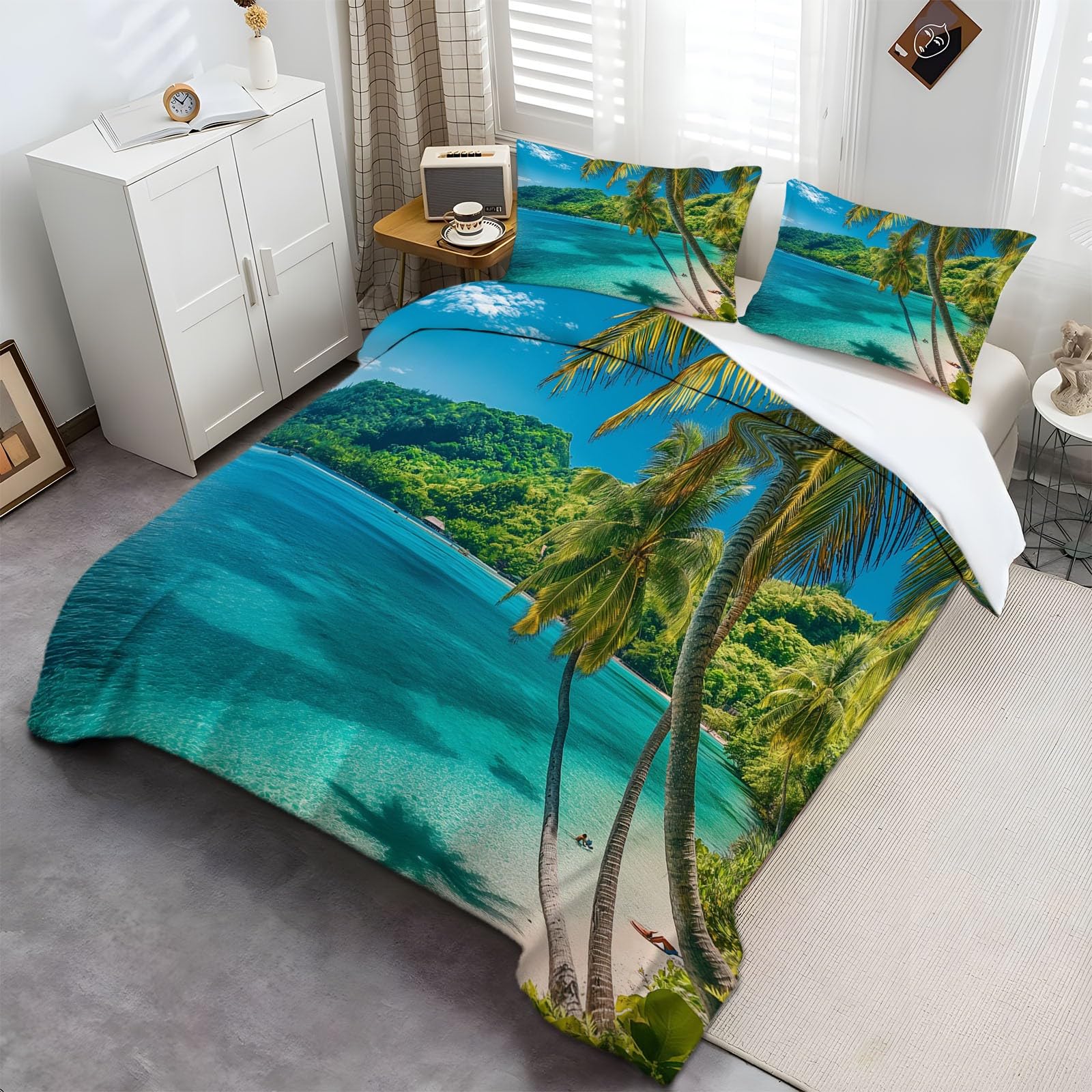 Bettbezug 155x220 cm Sea Palm Tree Beach Bettwäsche Set Weiche Atmungsaktive Hypoallergen für Jugendliche Einzelbett mit Reißverschluss und Kissenbezug 80x80 cm