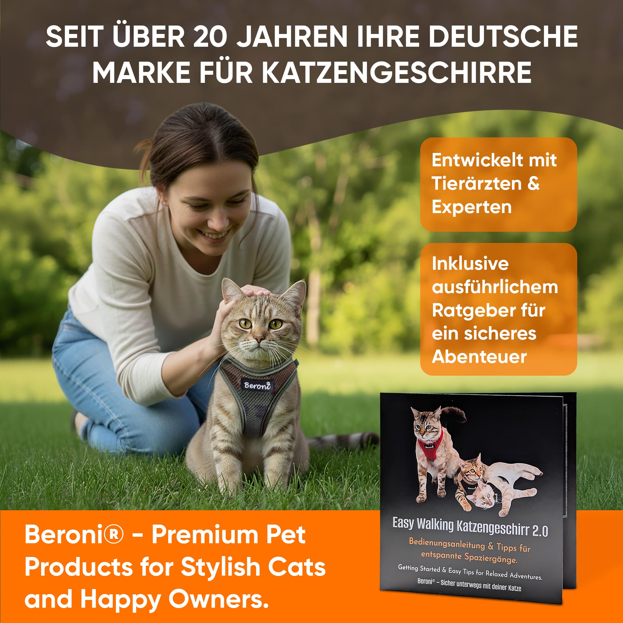 Katzengeschirr Easy Walking Katzengeschirr 2.0 ausbruchsicher, verstellbar, für Katzenleine draußen, Balkon, Garten Bengal, BKH kleine und große Katzen (Grün-Camouflage, S)