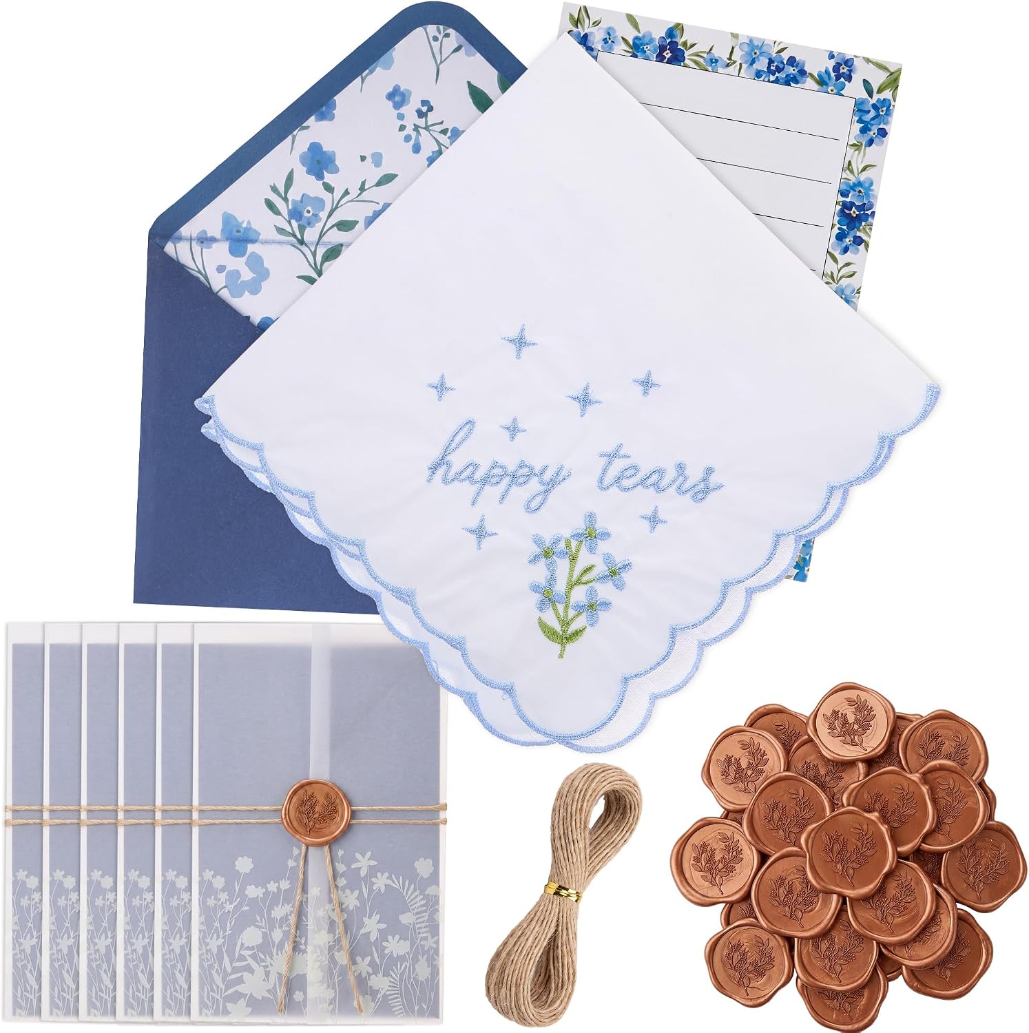 6 Sets Happy Tears Handkerchief Bride Handkerchief Mother of Bride & Groom Gifts Something Blue for Wedding Day