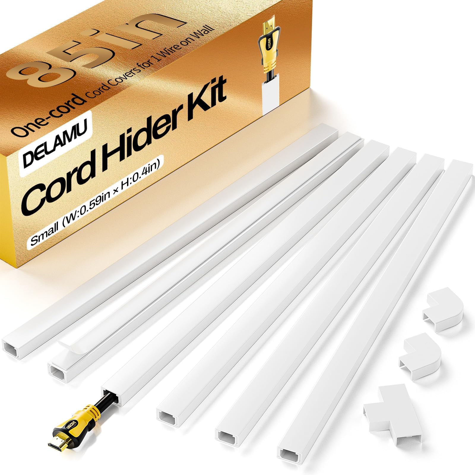 Delamu Cord Hider, Cord Covers for Wires on Wall, One-Cord Cable Hider, Self-Adhesive Wire Hiders Wire Covers for TV Cords on Wall, Easy Mount Cable Cover Management Kit, 6X W0.59 H0.4in, White