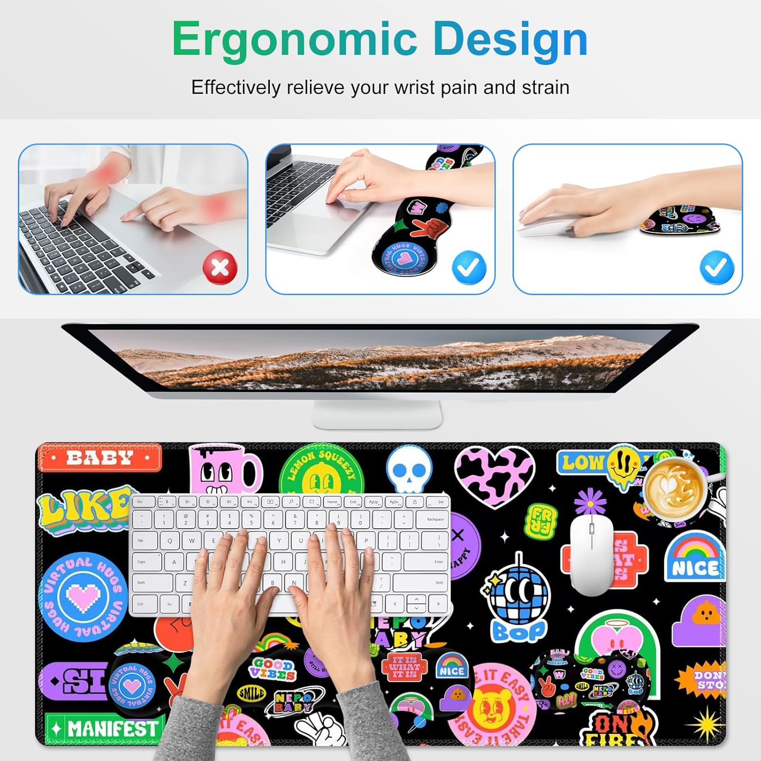 Gaming Mouse Pad Keyboard Wrist Support, 4 in1 Mousepad with Wrist Keyboard Rest, Computer Desk Mat, Non-Slip Desk Pad Protector with Memory Foam Easy Typing Pain Relief I Cute Funny Style