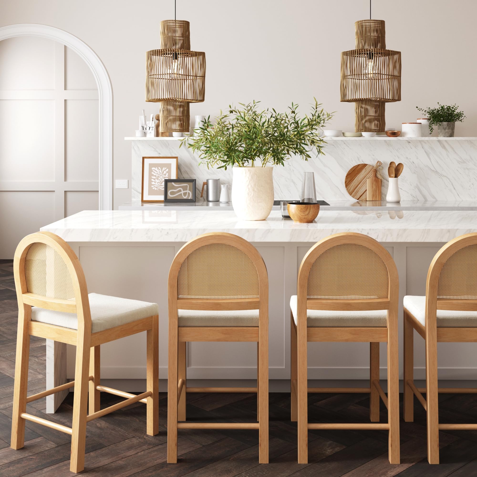 Nathan James Bailey Upholstered Rattan Bar Stool in Oak Finish Frame, Counter Height Stool with Natural Rattan Woven Back For Kitchen Island, Brown, Set of 4