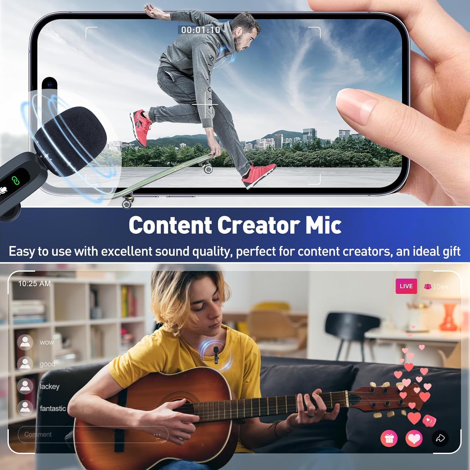 Collage of various content creation activities using the GoorDik microphone, including skateboarding video and live music streaming.