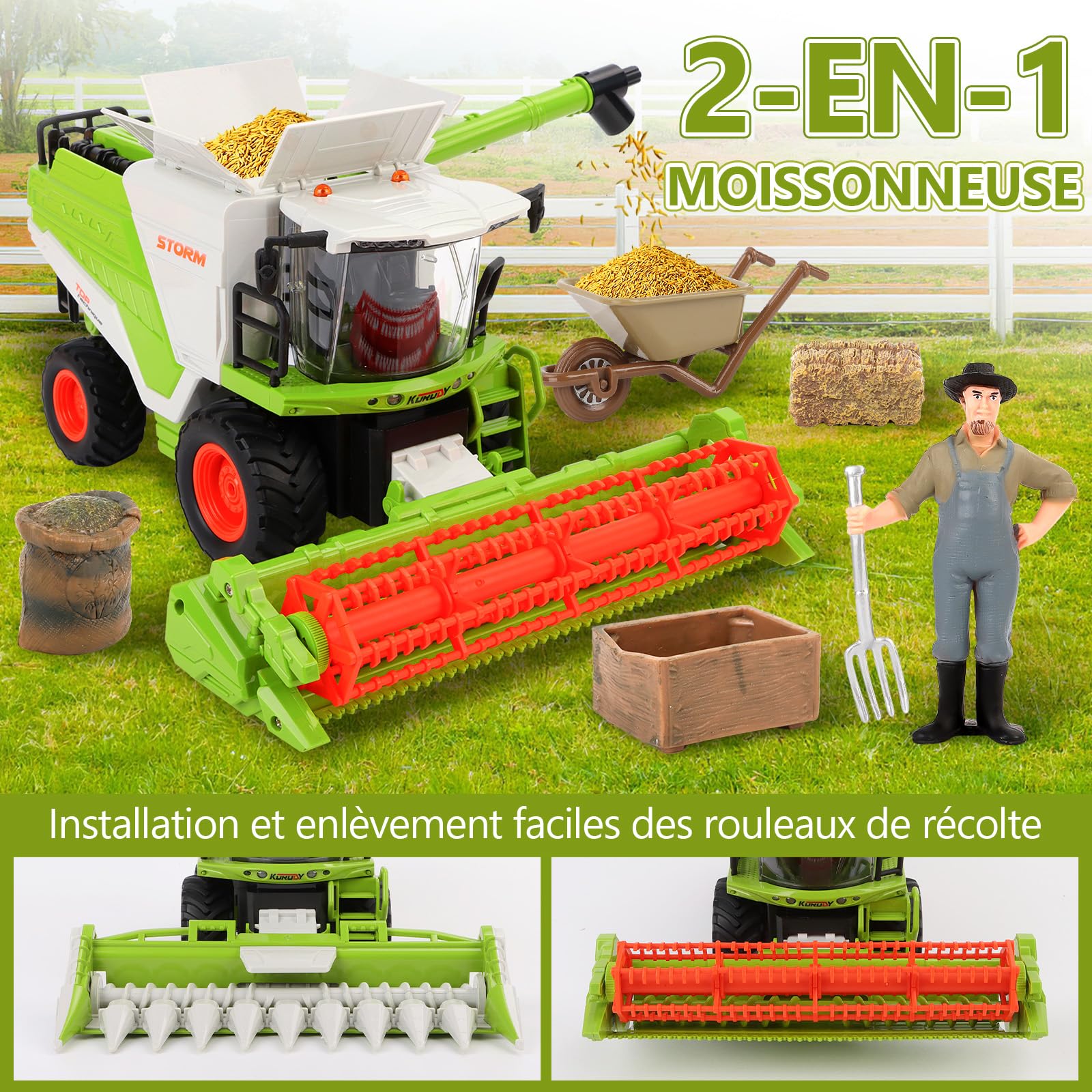 Charmofun Moissonneuse-Batteuse Télécommandée RC Tracteur Enfant 2,4 GHz avec Lumière et Pulvérisation Jouet Ferme